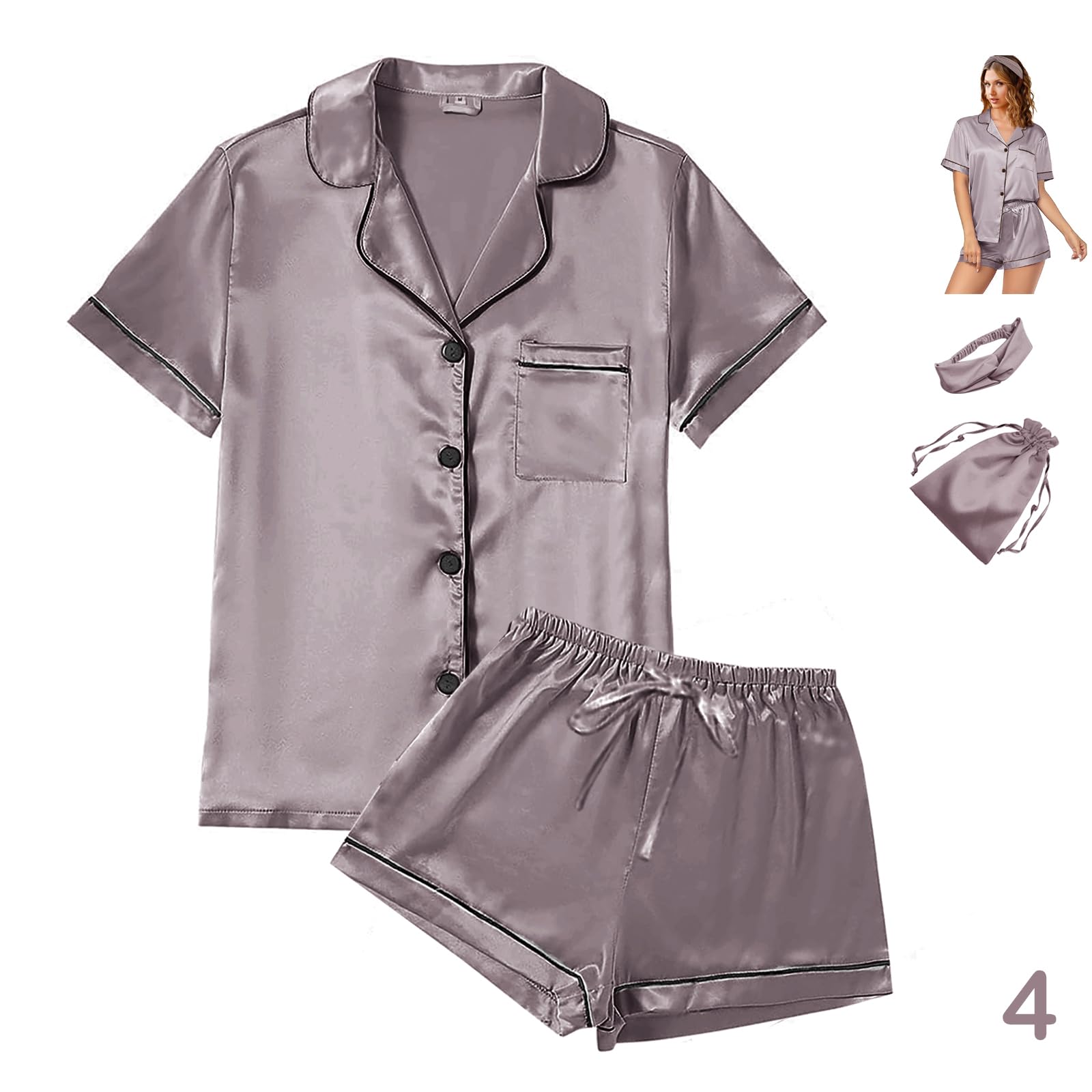 WJing Yi Jia 4Pcs Womens Satin Silky Pajama Sets Short Sleeve Shirt XS-4XL Floral Pajamas Set Soft PJ Loungewear Sleepwear