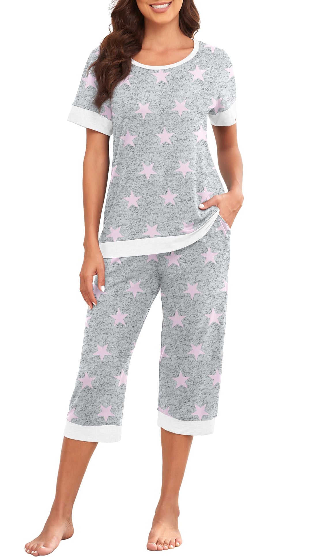 PrinStory Women's Pajama Set Short Sleeve Shirt and Capri Pants Sleepwear Pjs Sets Lounge Set WEBE CLOTHING