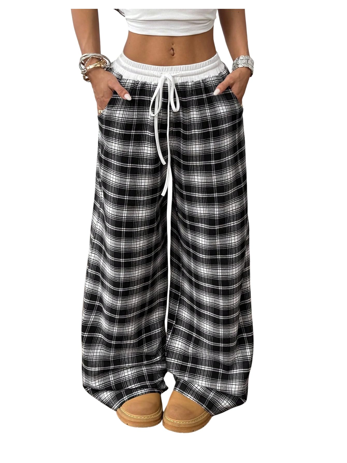 SOLY HUX Women's Plaid Checkered Pants Flannel Pajama Pants Lounge Wide Leg Baggy Sweatpants with Pockets