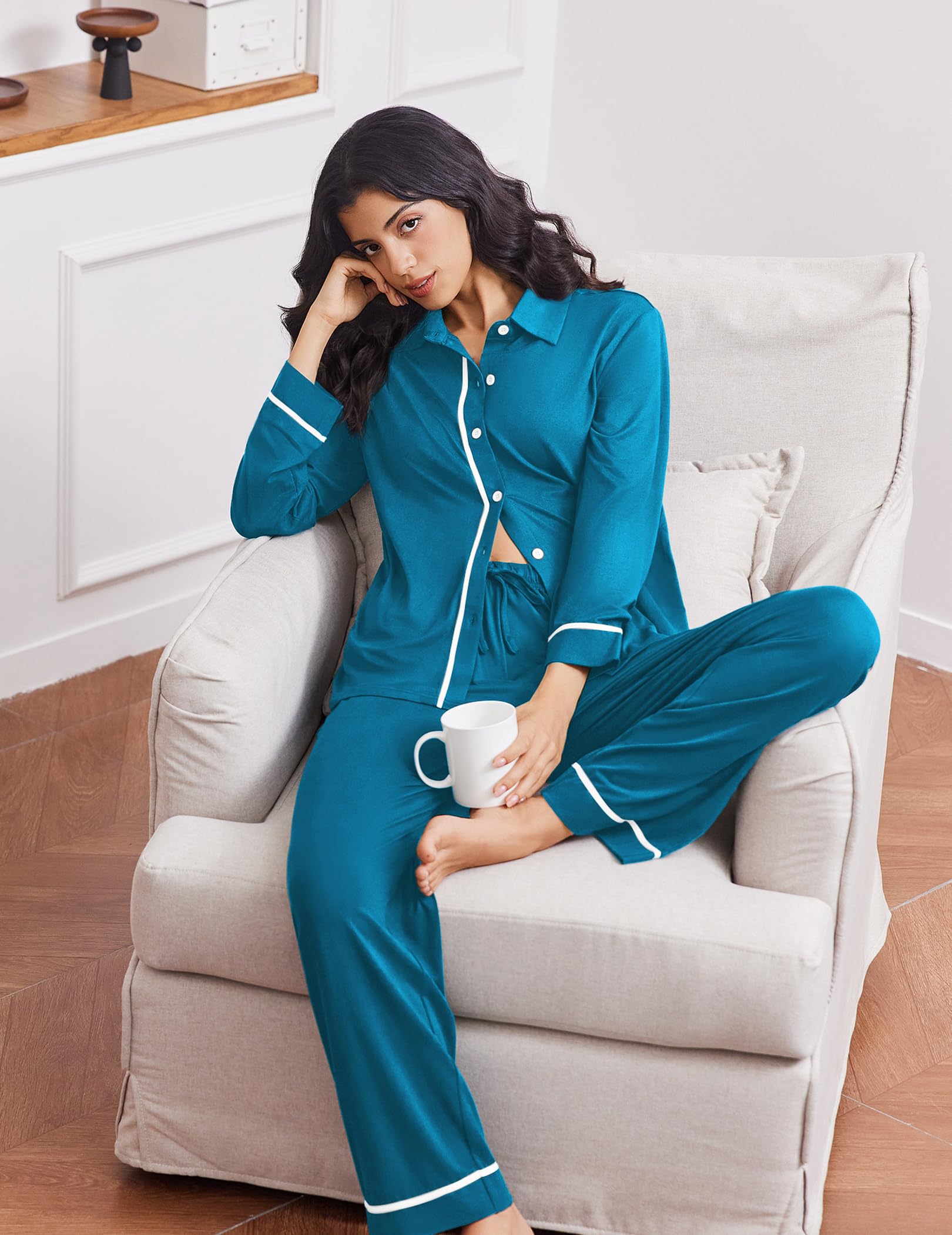Ekouaer Womens Pajama Sets Long Sleeve Sleepwear Soft Button Down Pjs 2 Piece Loungewear witn Pants S-XXL