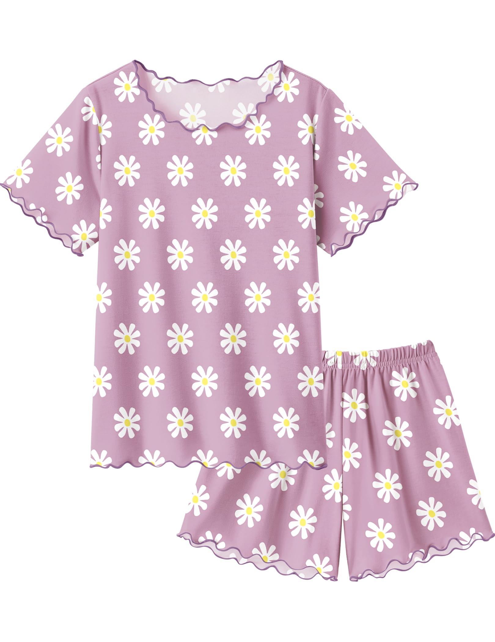 Arshiner Girls Pajama Set Short Sleeve Lounge Set Soft Shirring Summer Sleepwear Pj Sets