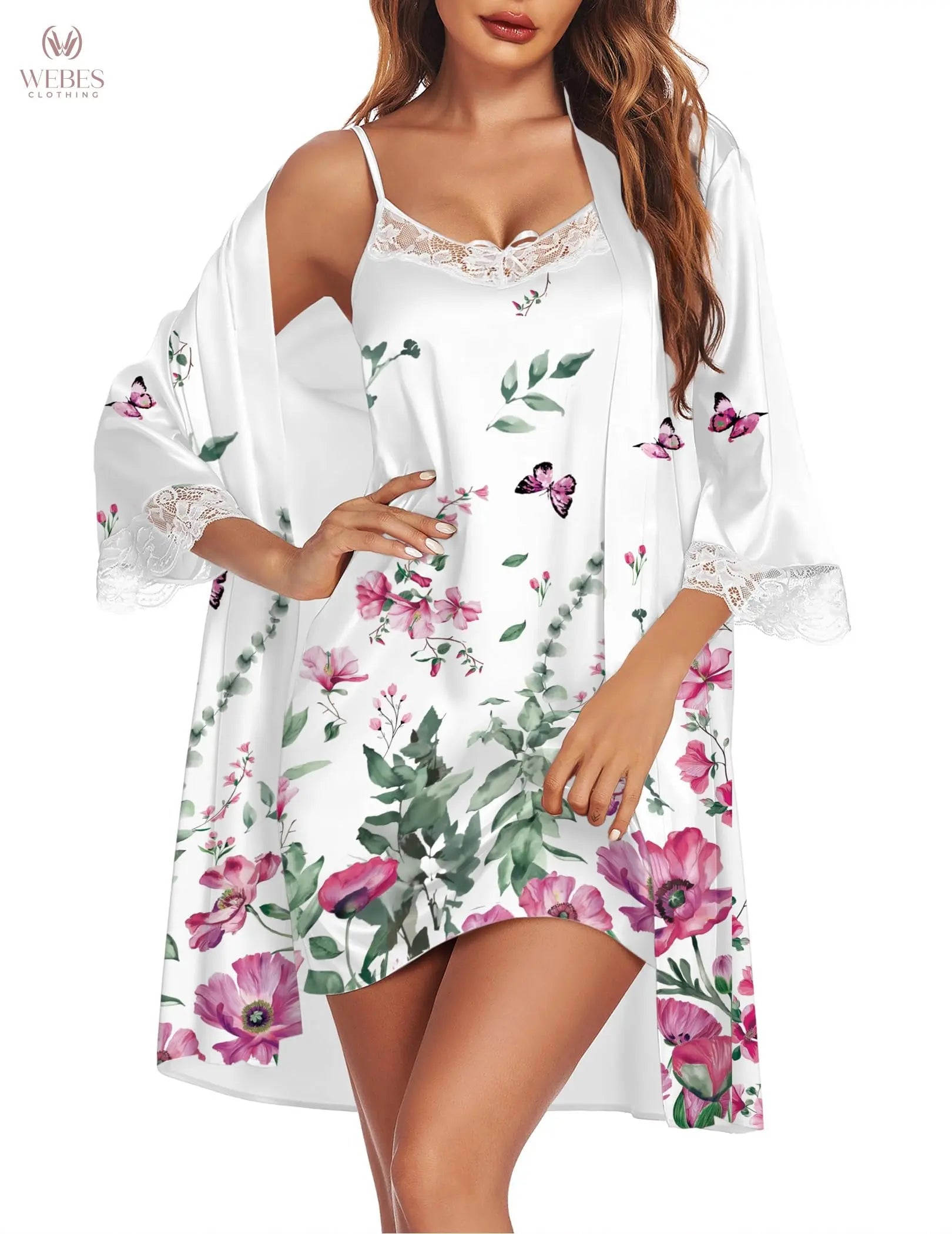 Ekouaer Sleepwear Women's Satin Nightgown with Robes Set 2 Piece Sexy Lace Cami Nightwear WEBE CLOTHING
