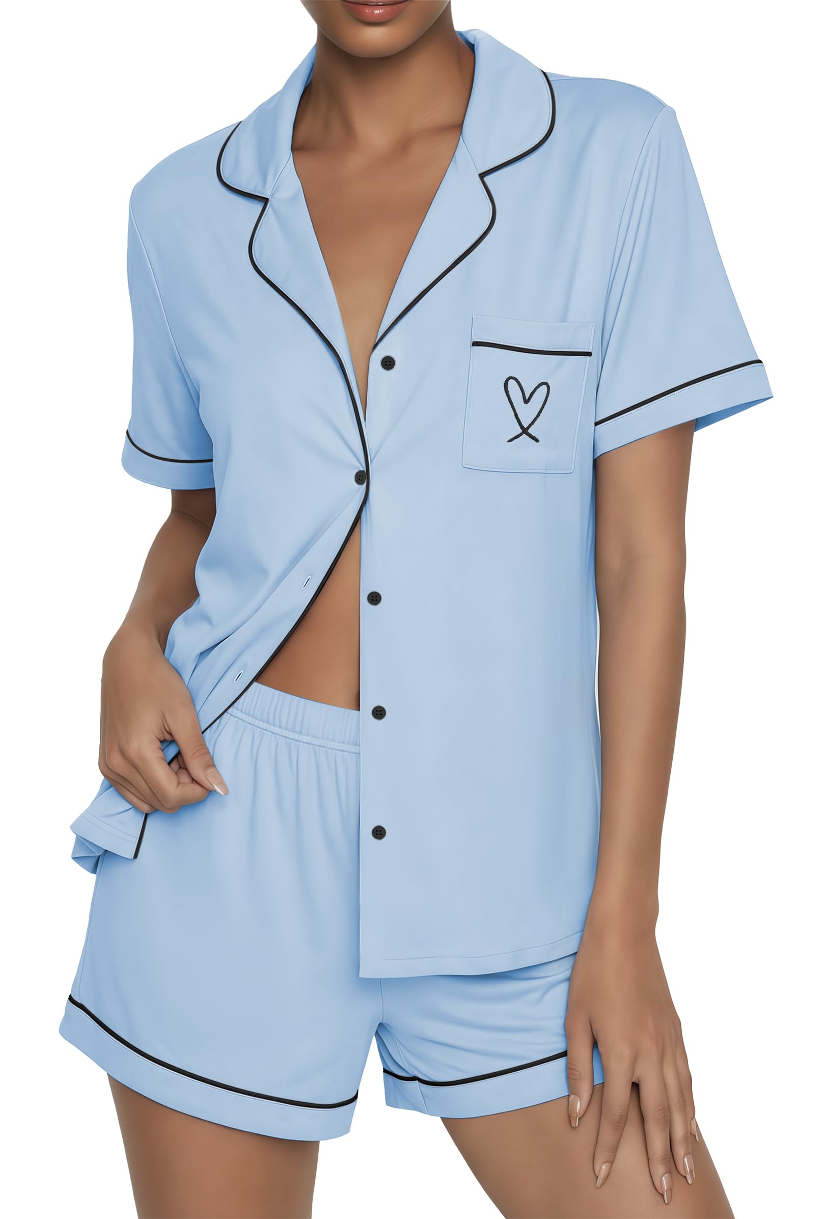 Ekouaer Womens Pajama Sets Button Up Summer Pjs 2 Piece Short Sleeve Sleepwear Lounge Set S-XXL