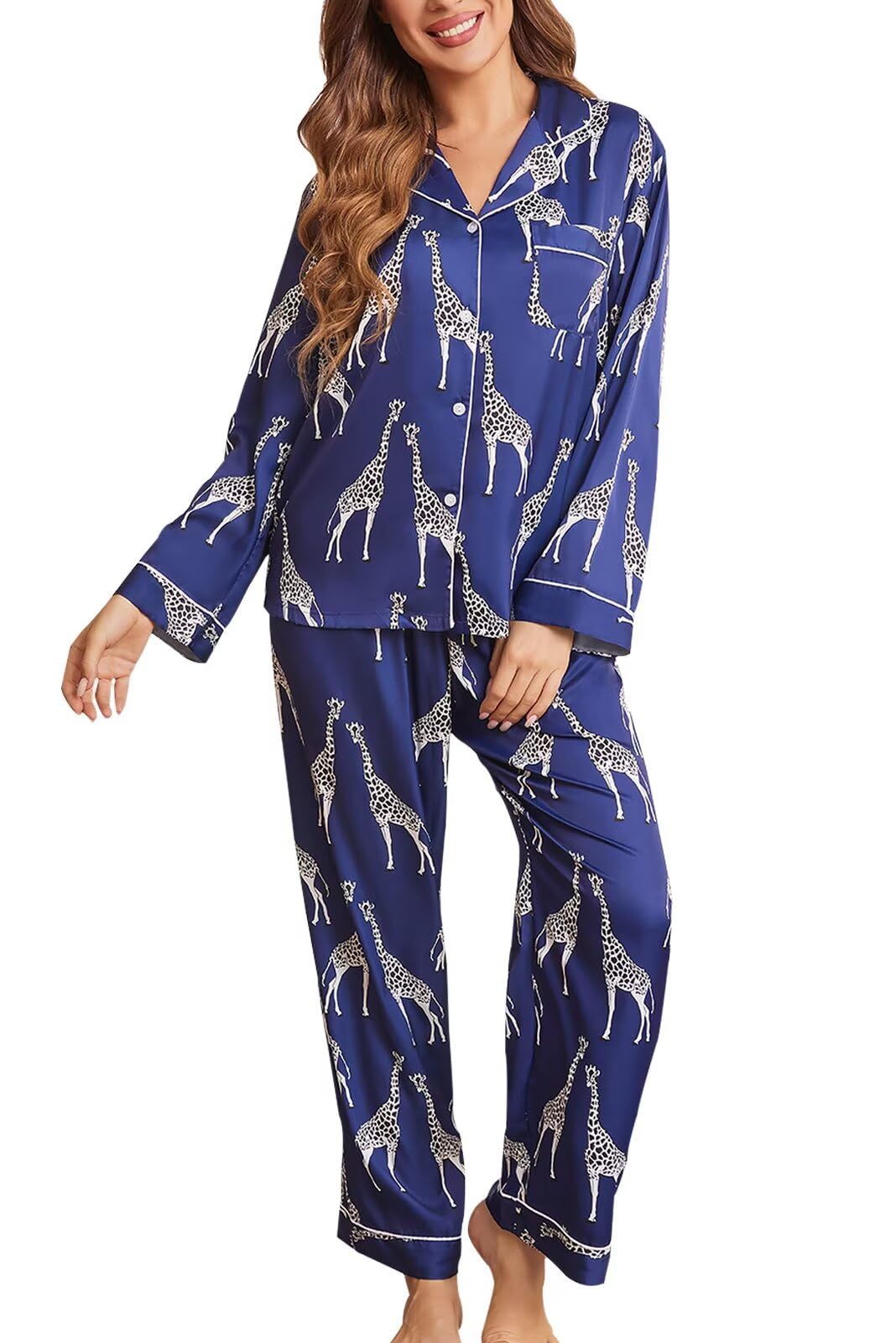 Brosloth Women's Silk Satin Pajamas Long Sleeve Button Up Loungewear Set | Button Down Animal Print Pajamas, Ladies Fancy Pajama sets, Two Piece Lounge Set, Notch Collar Lightweight Sleepwear, Gift WEBE CLOTHING