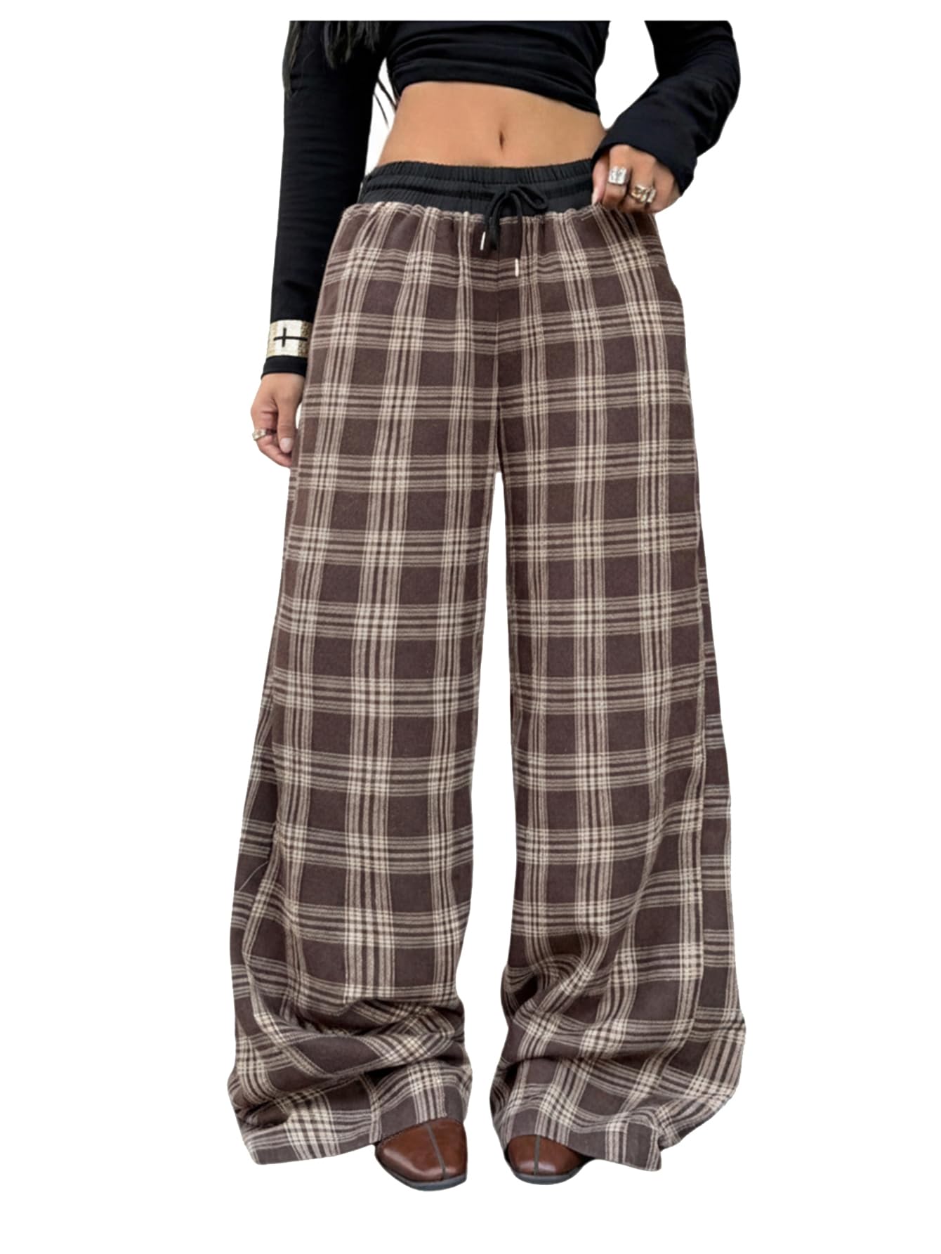 SOLY HUX Women's Plaid Checkered Pants Flannel Pajama Pants Lounge Wide Leg Baggy Sweatpants with Pockets