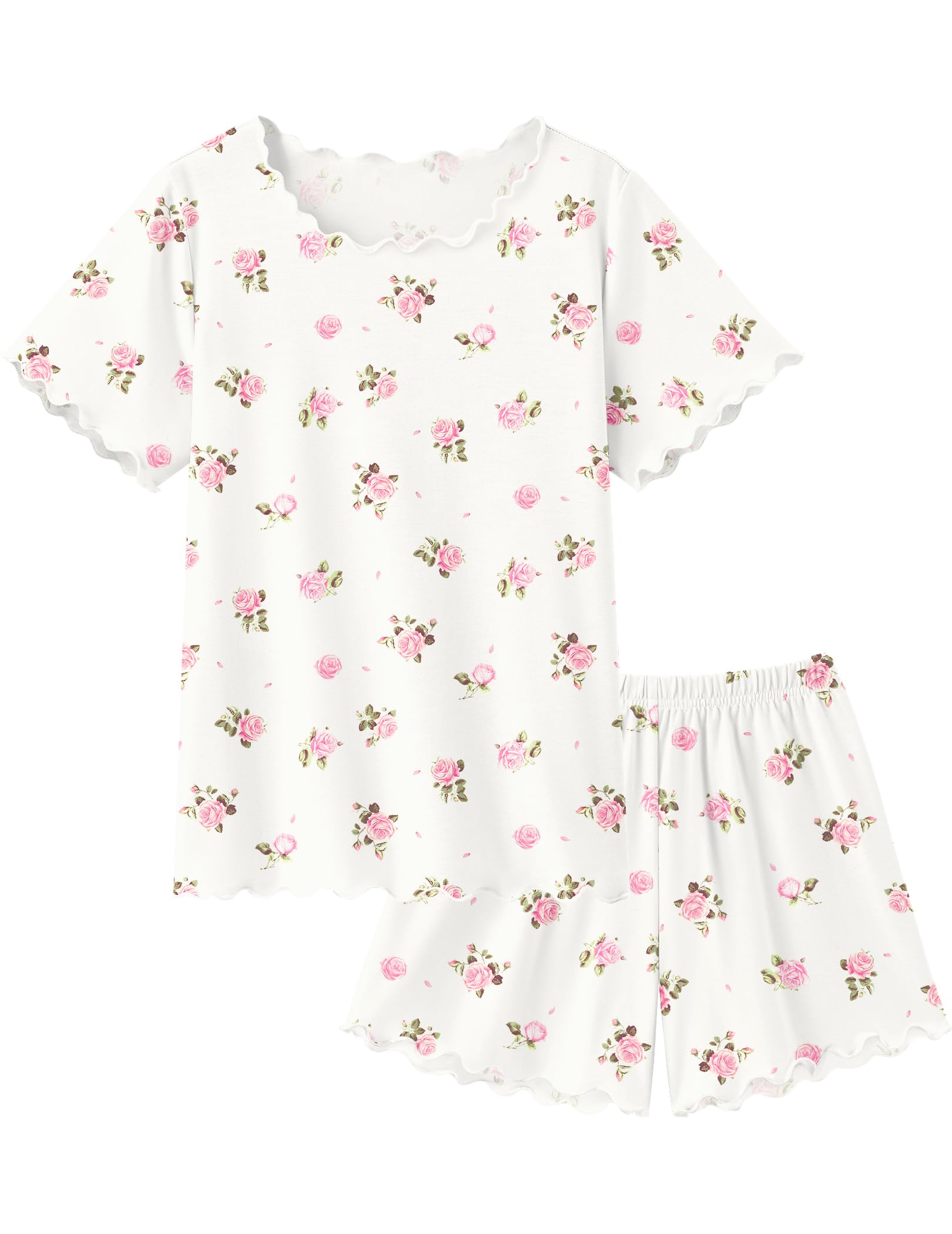 Arshiner Girls Pajama Set Short Sleeve Lounge Set Soft Shirring Summer Sleepwear Pj Sets