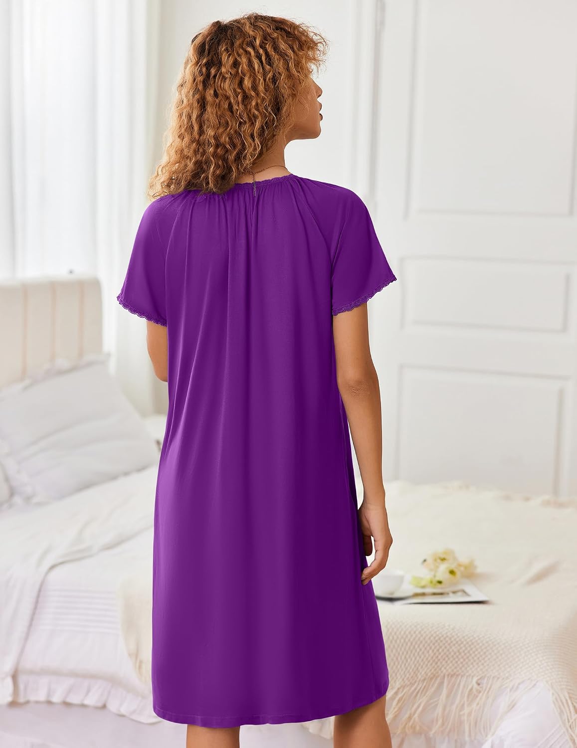 Ekouaer Zipper Robes for Women Short Sleeves Knit Bathrobes Knee Length Soft Lace Trim Loungewear with Pockets S-3XL WEBE CLOTHING