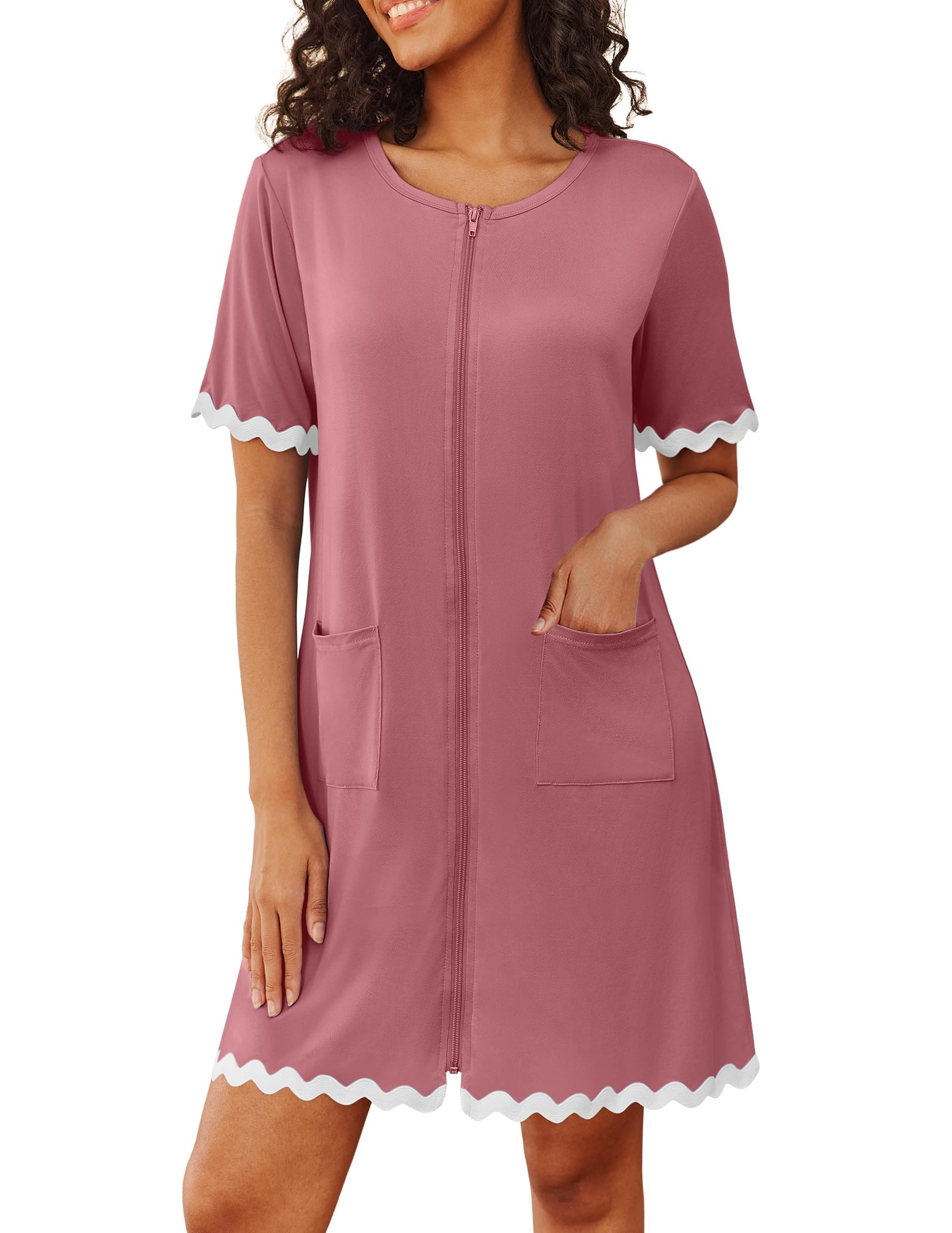 Ekouaer Women Zip Up Robe Lightweight Housecoats with Pockets Knee Length Short Bathrobes Soft Nightgown S-3XL