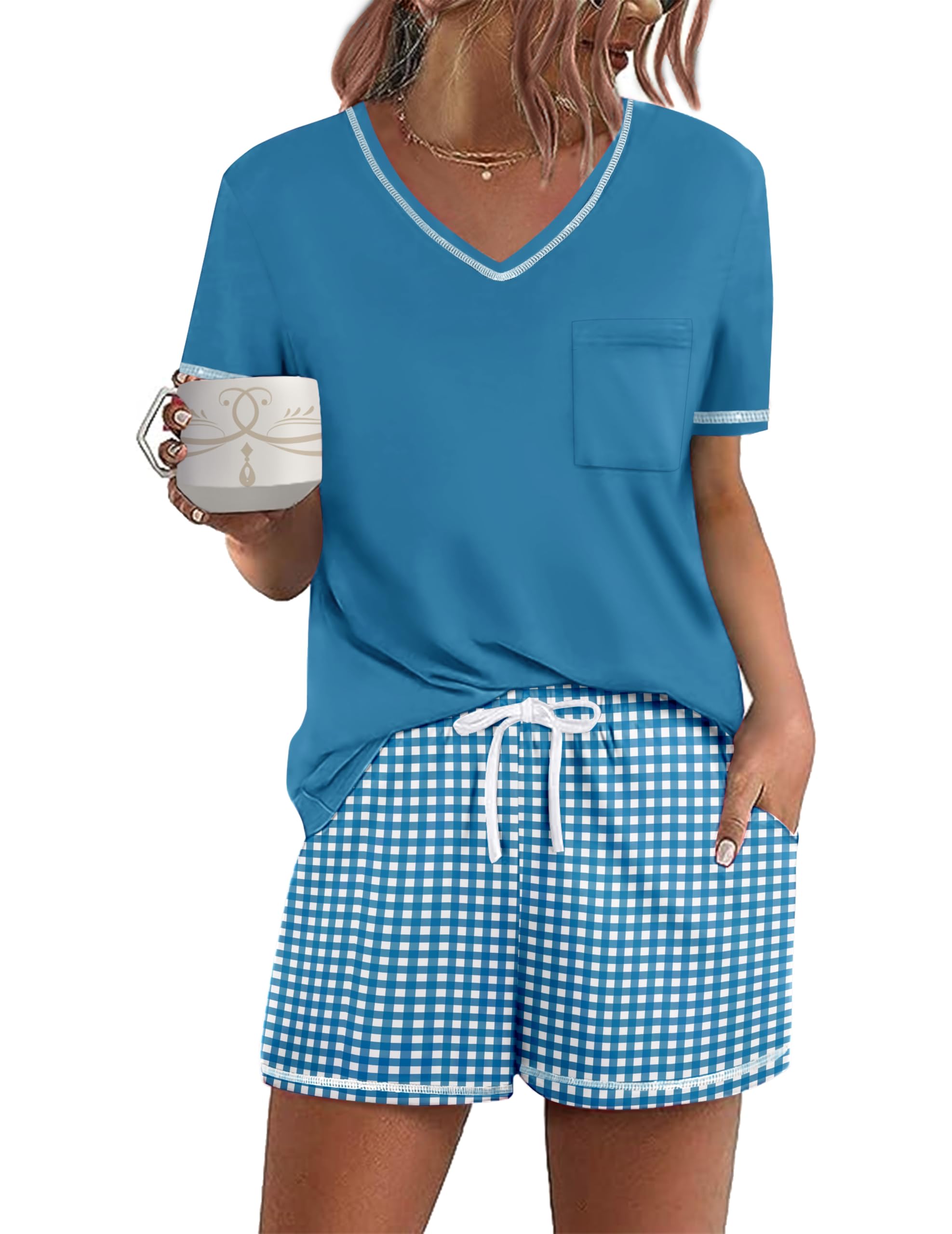 Ekouaer Women's Pajamas Sets Short Sleeve Pjs Two Piece Sleepwear Casual Lounge Sets With Pockets
