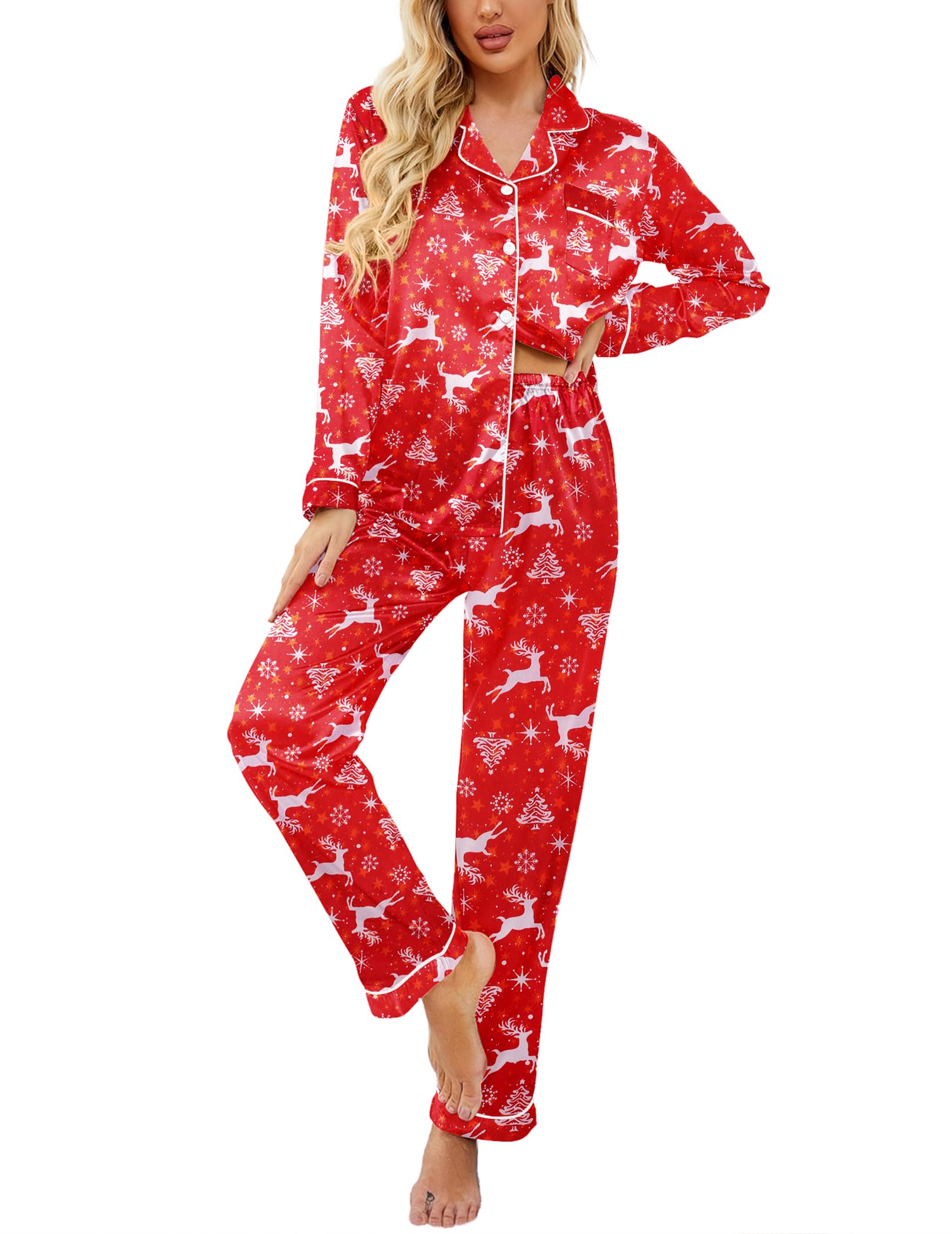 Ekouaer Womens Satin Silky Pajama Set Classic Pattern Button Down Pjs Set | Soft Fabric, Long Sleeve Notch Collar with Contrast Piping, Chest Pocket, Gifting Sleepwear WEBE CLOTHING