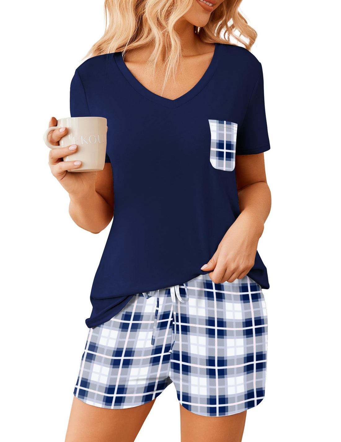 Ekouaer Womens Pajama Sets Short Sleeve Pajamas for Women Sets Soft Lounge Sets Casual V Neck Sleepwear PJS