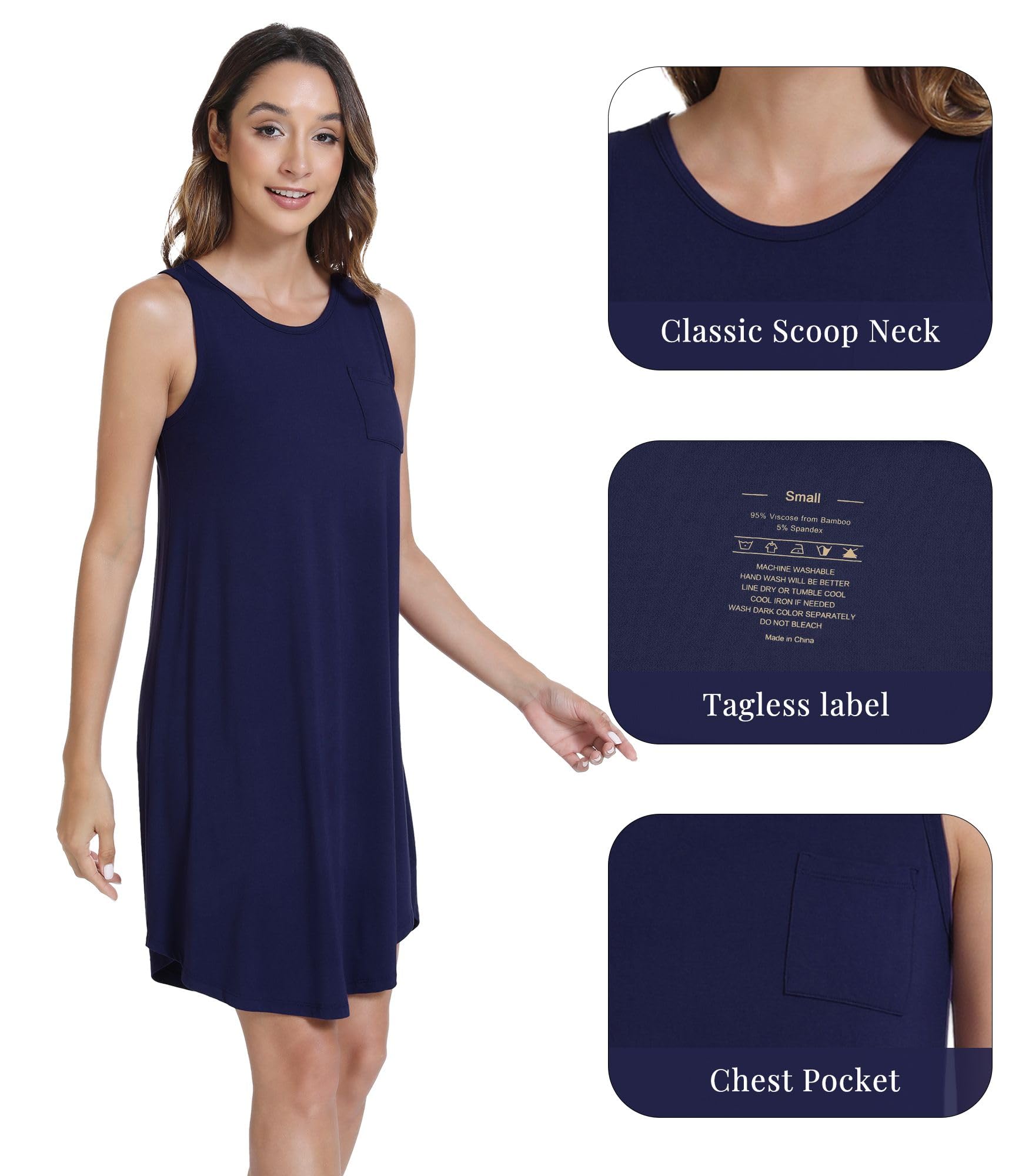 WiWi Tank Nightgown for Women Soft Comfy Sleeveless Sleep Gowns Viscose from Bamboo Cooling Sleepwear S-XXL WEBE CLOTHING