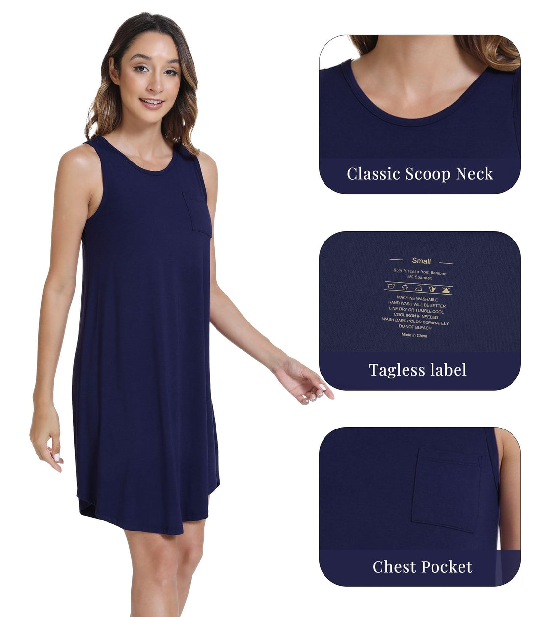 WiWi Tank Nightgown for Women Soft Comfy Sleeveless Sleep Gowns Viscose from Bamboo Cooling Sleepwear S-XXL WEBE CLOTHING