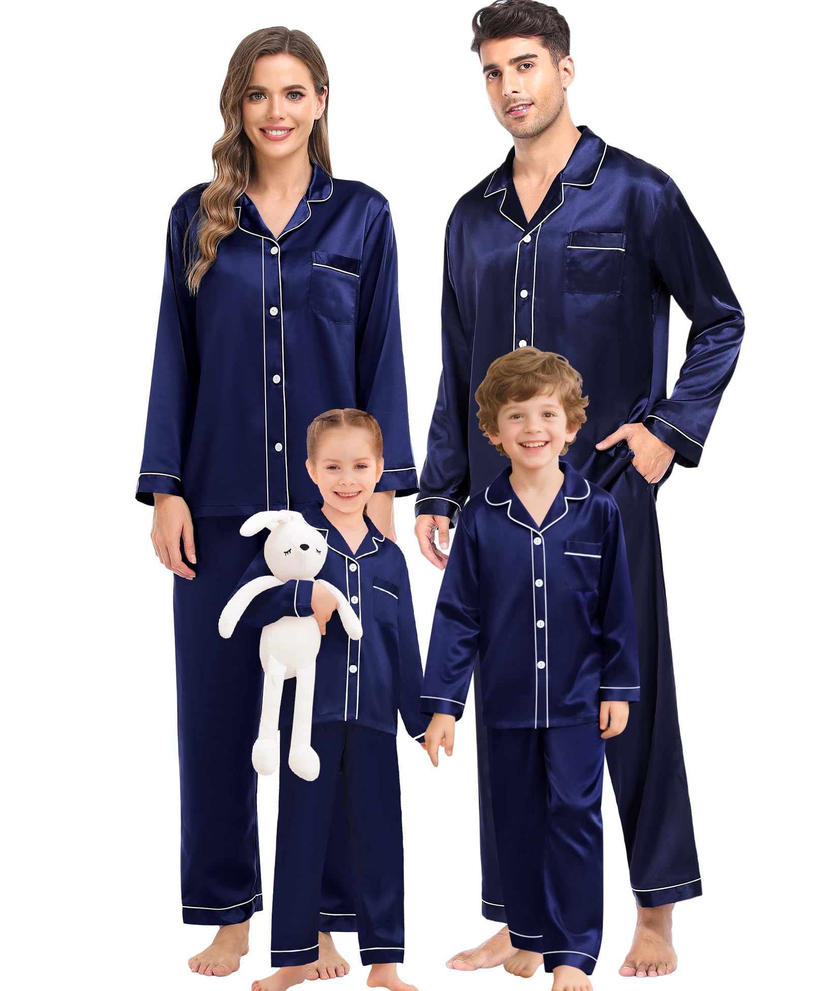 SWOMOG Family Matching Pajama Set Women/Men/Kids Satin Pajamas Long Sleeve Sleepwear Button Down Loungewear 2 Pcs Pj Set