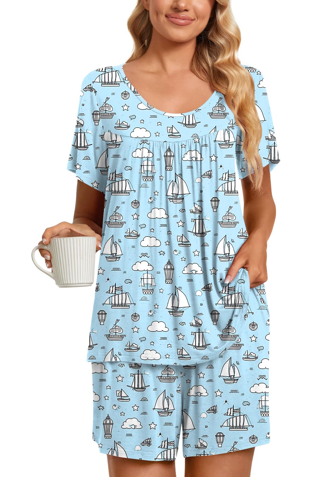 TAOHUADAO 2 Piece Women's Short Sleeve Pajama Sets, Lounge Sleepwear Ladies Pjs Sets with Pockets