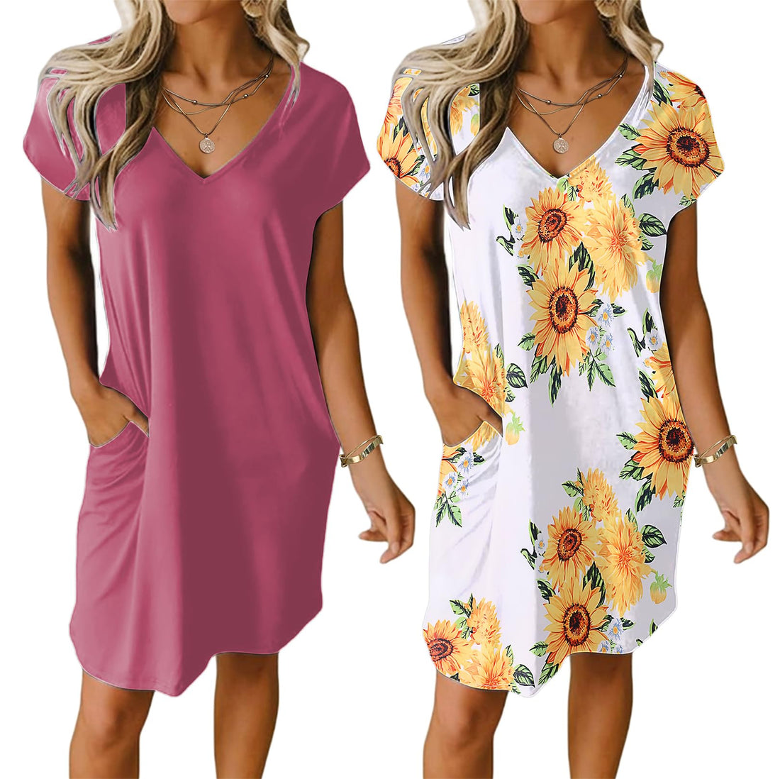 Ekouaer Womens 2 Pack Nightgown V Neck Sleepshirt Short Sleeve Nightshirt Plain/Floral Pajama Dress with Pockets
