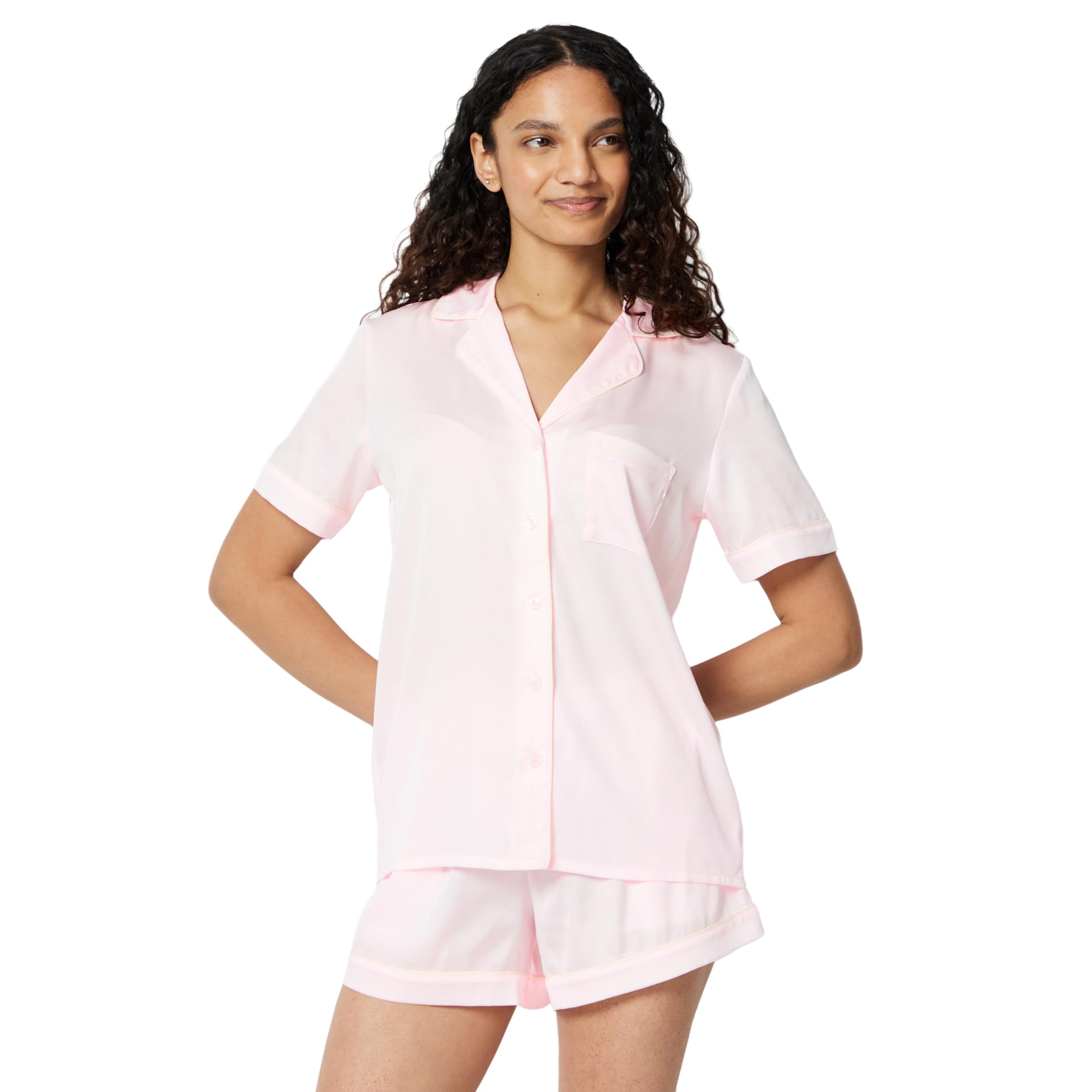 Amazon Essentials Women's Satin Short Sleeve Button-Down Top and Short Sleepwear Pajama Set