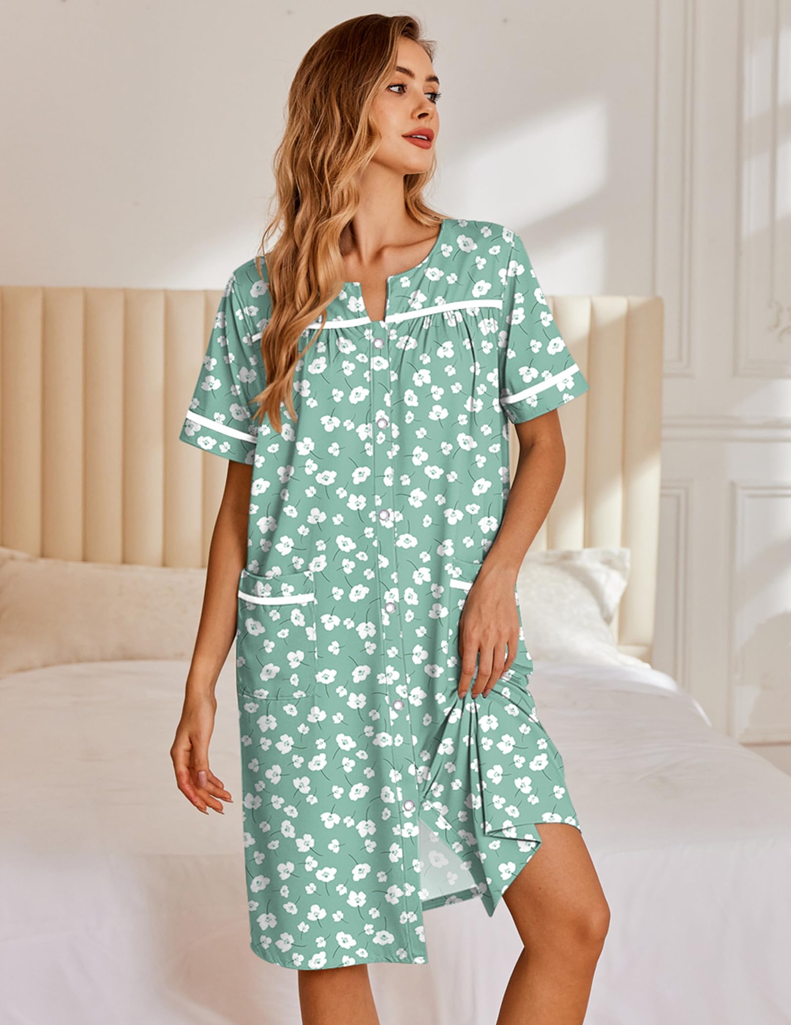 Ekouaer Nightgowns for Women House Dress with Pockets Snap Front House Coat | Duster Mumu Dress, Short Sleeve Moo Moos, Plus Size Sleepwear, Casual Lounge Dress, Labor Delivery Gown, Daily Wear, Home