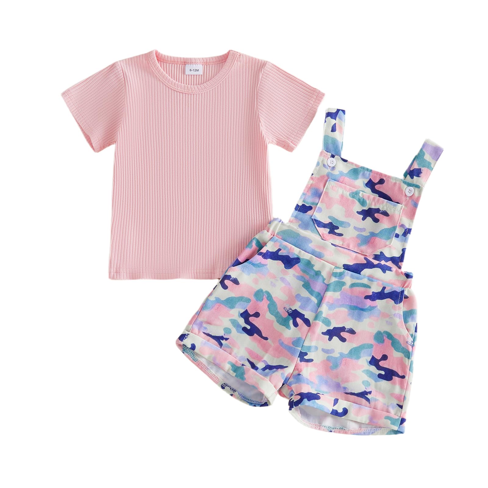 Toddler Baby Girls Summer Outfits T-Shirt Overalls Shorts Set | Short Sleeve Ribbed Shirt, Flower/Apple/Strawberry/Camo/Star/Bee Suspender Overalls, Kid 2Pcs Clothing, Spring Clothes 12M-5Y WEBE CLOTHING