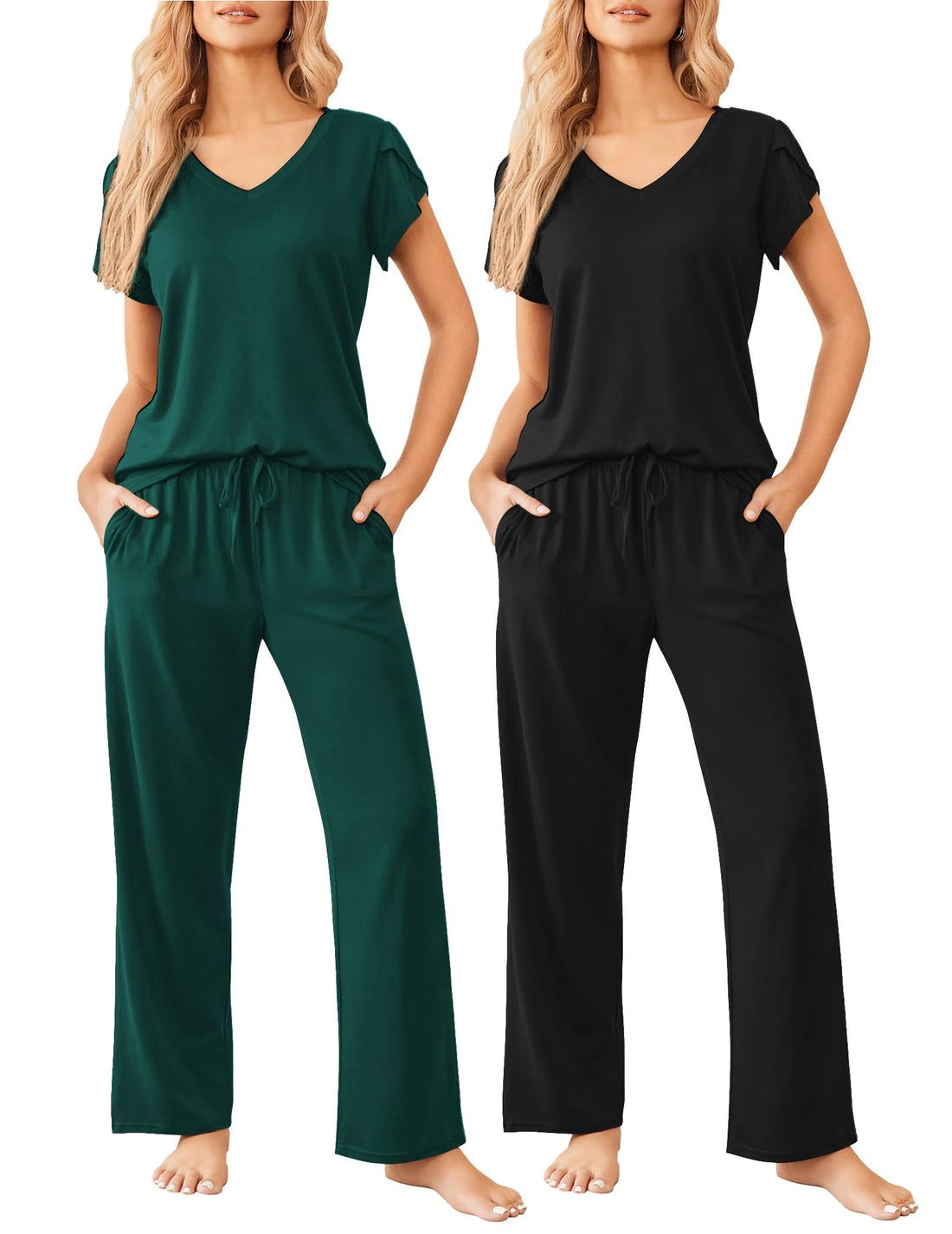 Ekouaer 2 Pack Womens Pajamas Short Sleeve Sleepwear Top with Pants Super-Soft Printed Lounge Sets S-XXL