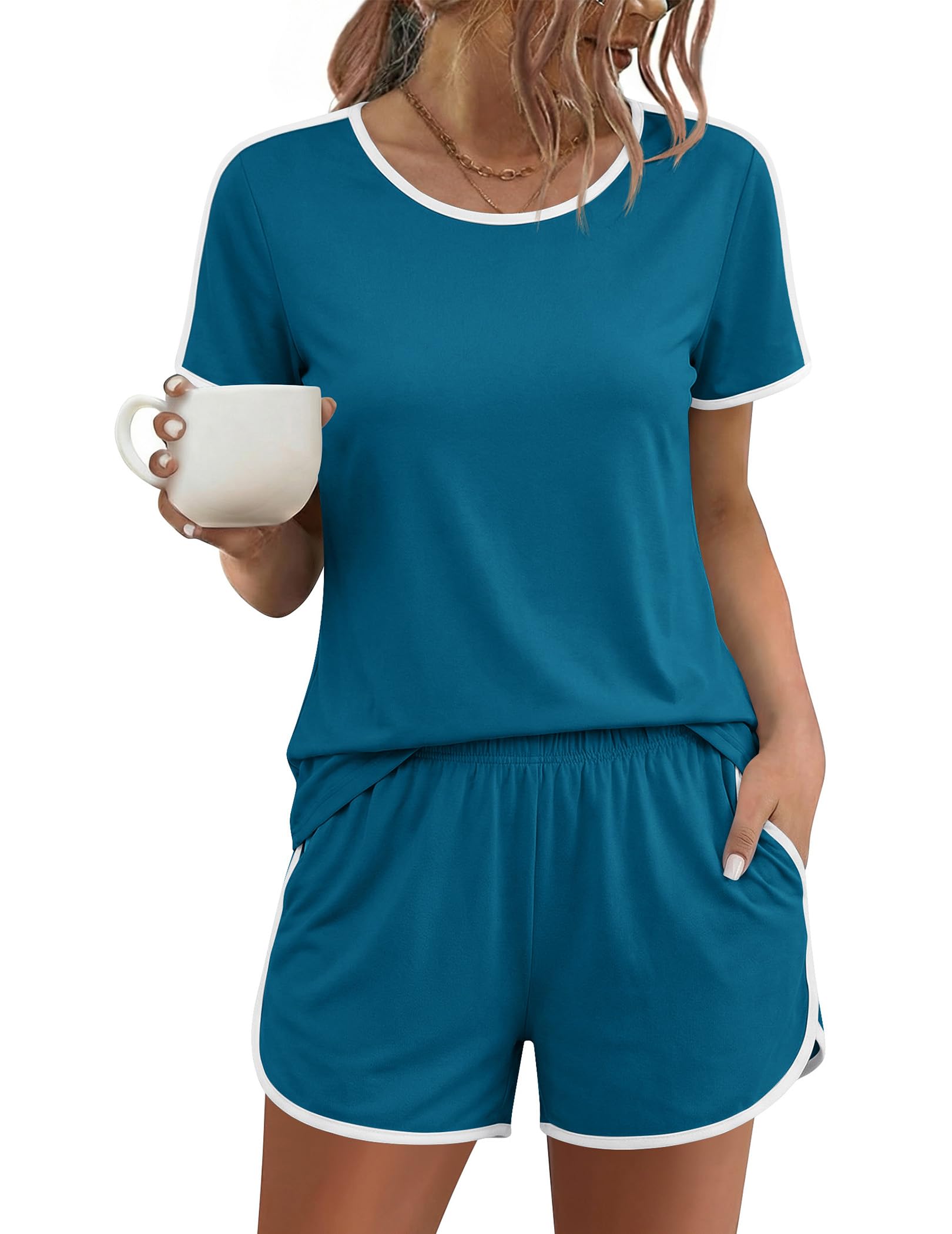 Ekouaer Womens Pajama Sets Short Sleeve Sleepwear Soft Pjs Sets Round Neck Summer 2 Piece Lounge Set with Pockets S-XXL