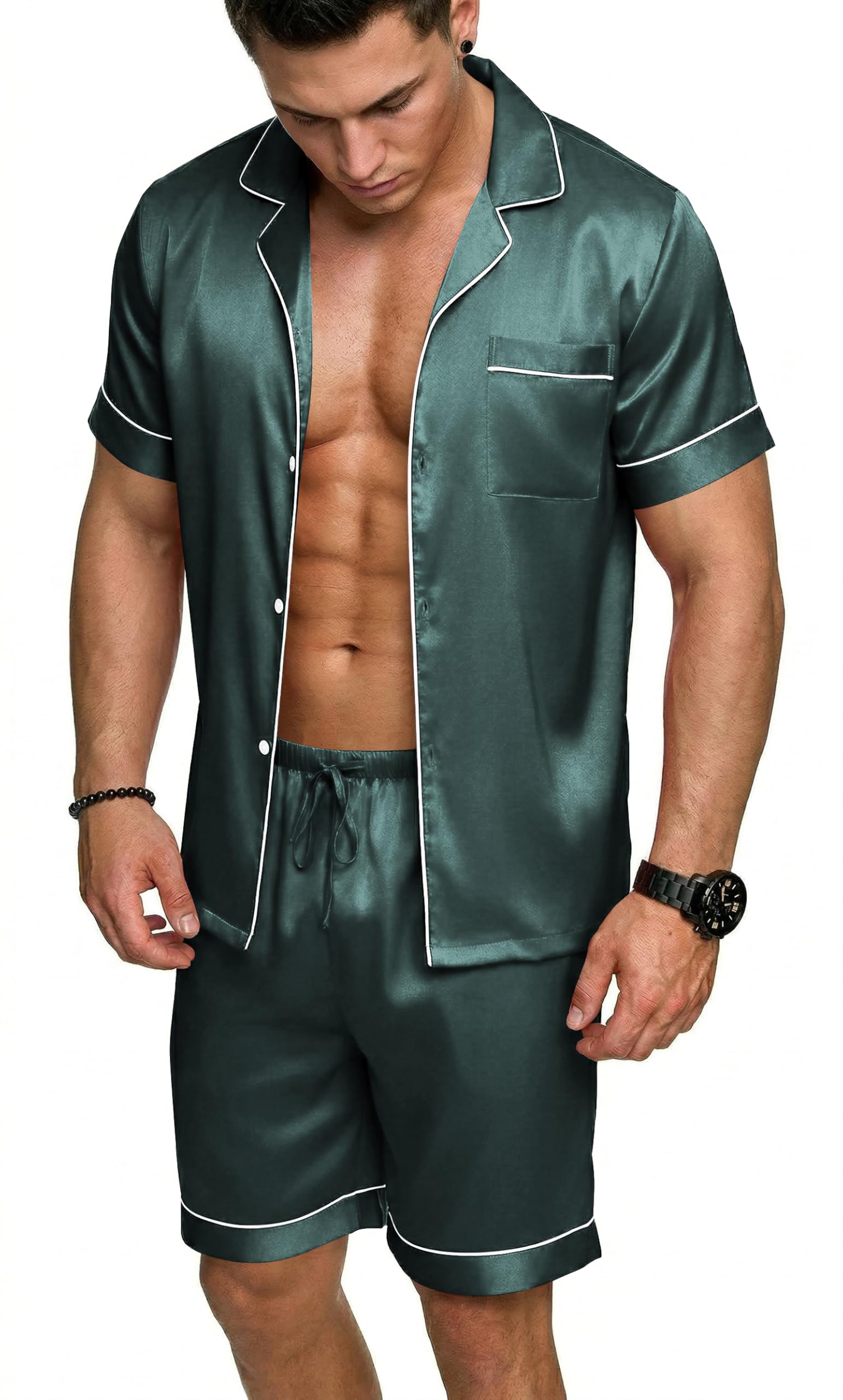Ekouaer Mens Silk Satin Pajamas Set, Short Sleeve Sleepwear Lightweight Button Up Lounge Pjs Set with Pockets S-4XL WEBE CLOTHING