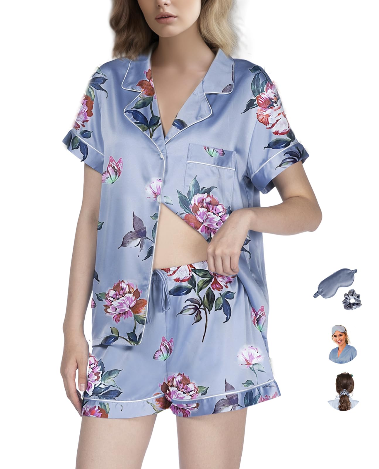 WJing Yi Jia Womens Pajama Sets XS-4XL Silk Satin Pajamas Set Floral 2Pcs Pj Sets Button Down Pjs Set Sleepwear Loungewear