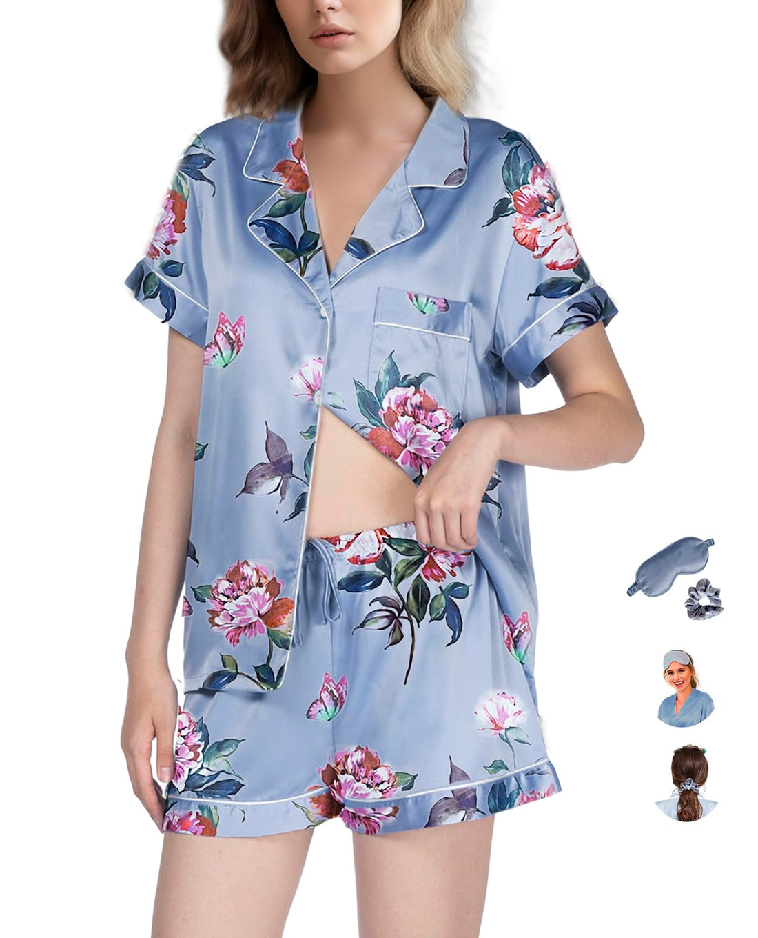WJing Yi Jia Womens Pajama Sets XS-4XL Silk Satin Pajamas Set Floral 2Pcs Pj Sets Button Down Pjs Set Sleepwear Loungewear