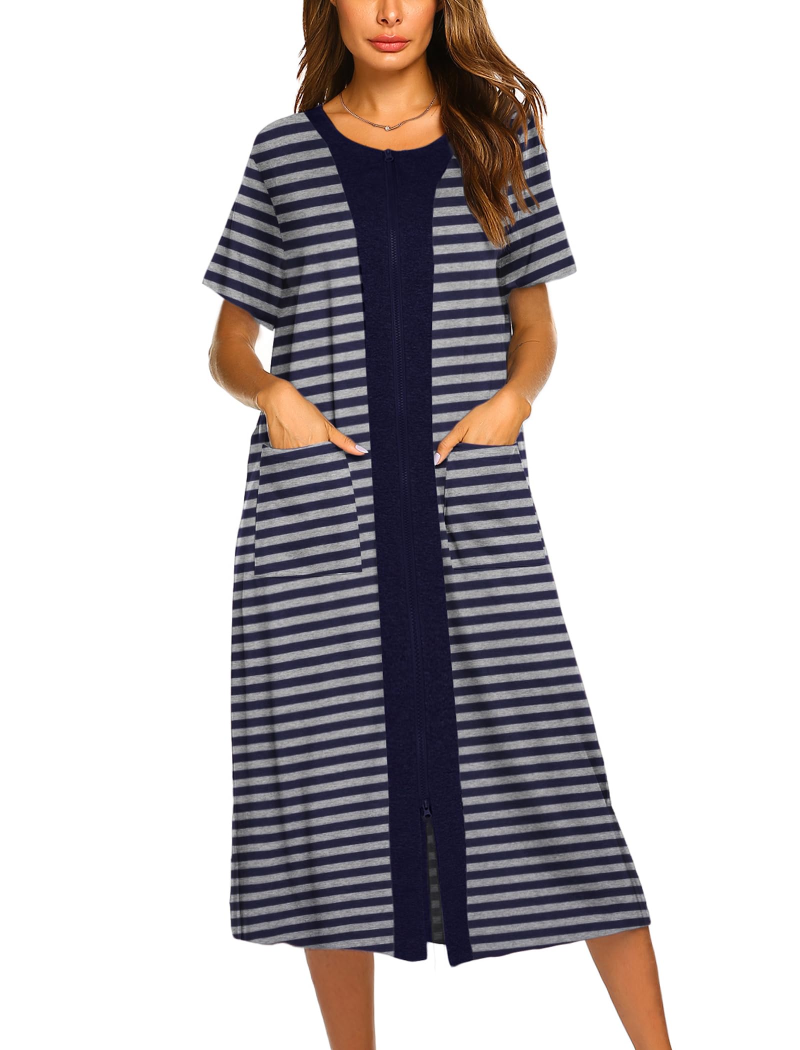 Ekouaer Robes For Women Zipper Bathrobe Short Sleeve Duster With Pockets | Zipper Front House Coat, Lightweight Sleepwear, Plus Size Loungewear, Ladies Nightgown for Mother, Postoperative Gown, Sleep