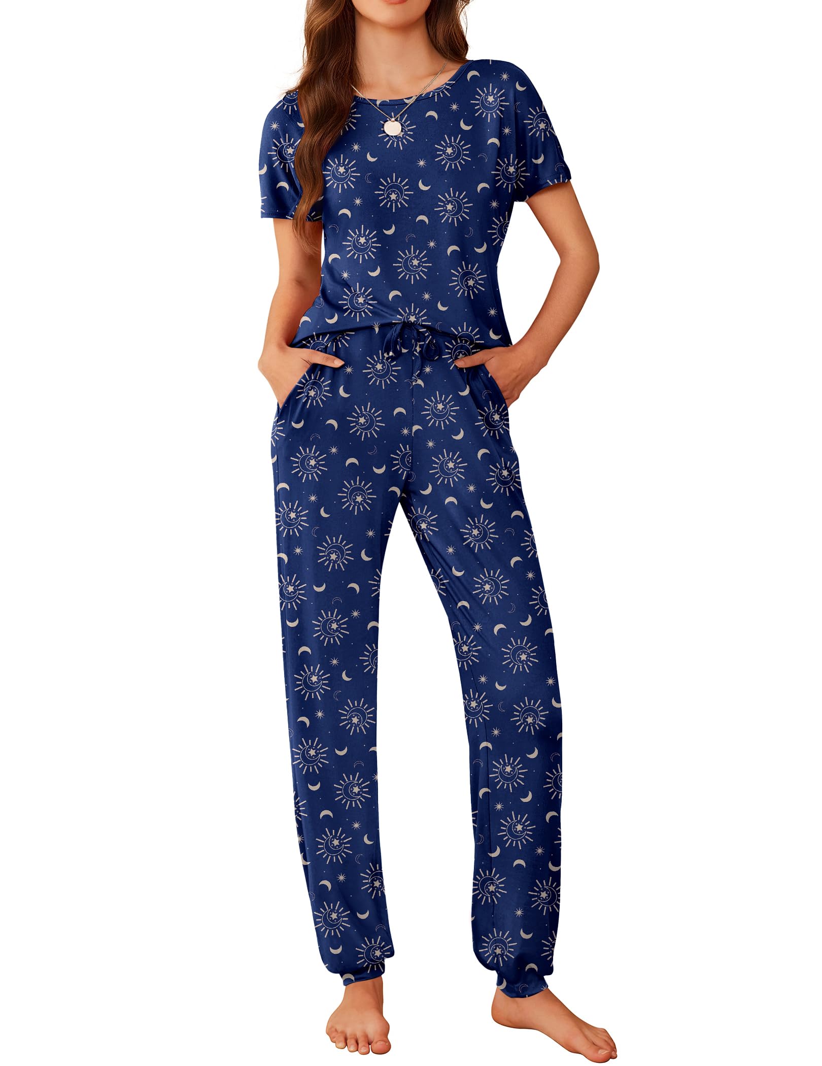 Ekouaer Womens Pajama Sets Short Sleeve Lounge Sets for Women Printed Jogger Pajama Set 2 Piece Pj Sets With Pockets S-XXL WEBE CLOTHING
