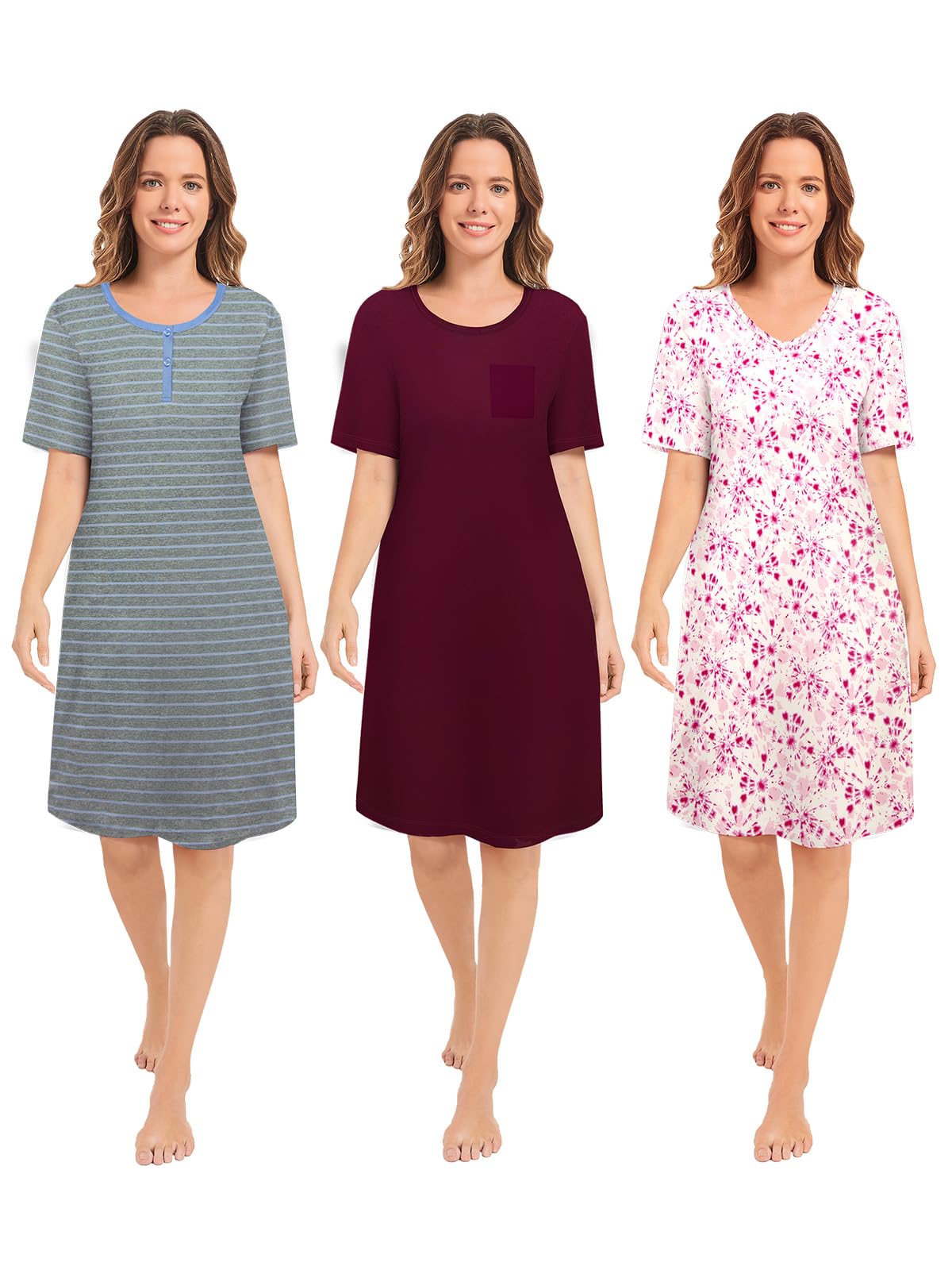 3 Pack Nightgowns for Women Short Sleeve Night Gown Soft Sleep Shirts Women's Sleepwear Print Sleep Dress WEBE CLOTHING