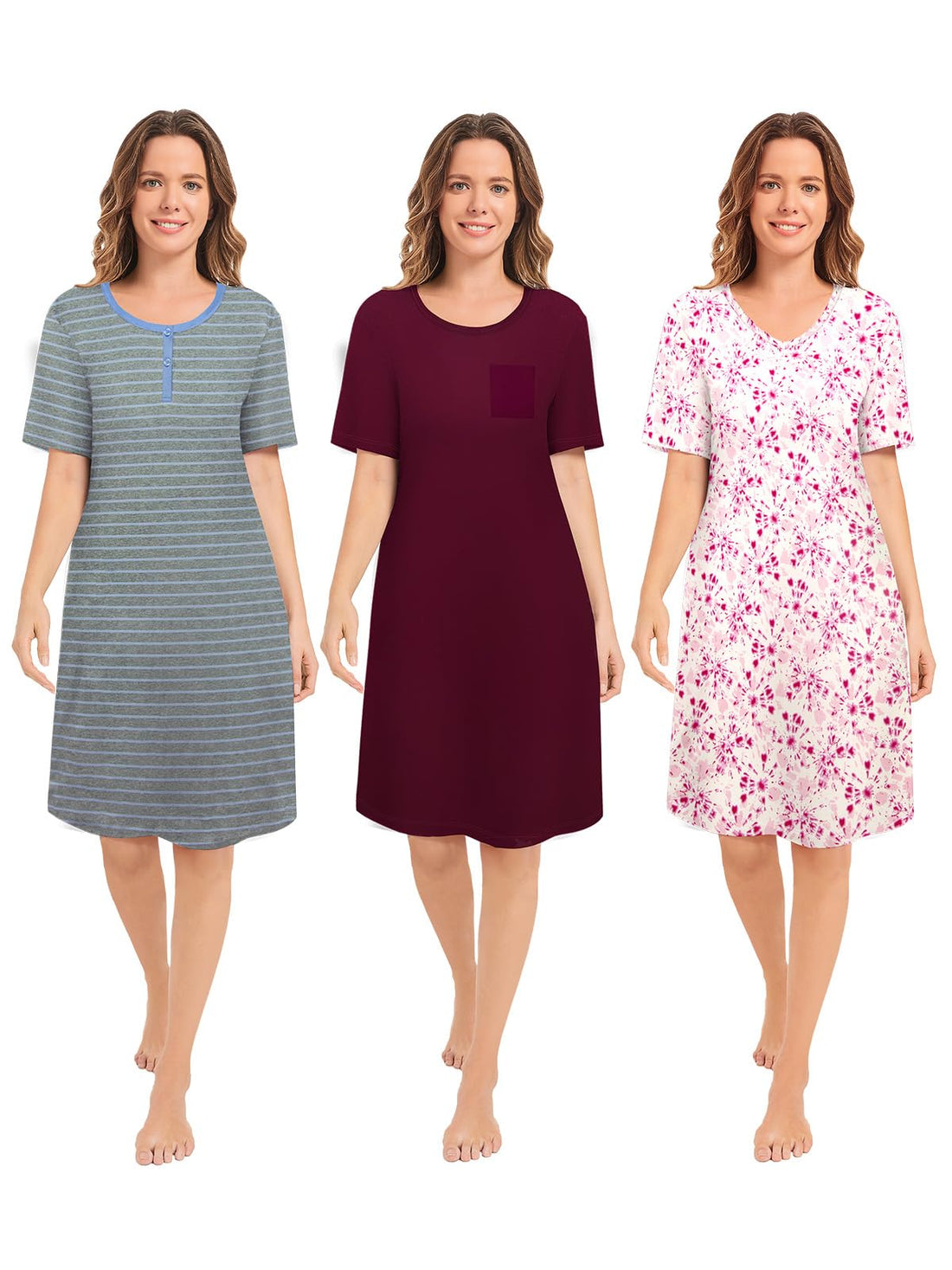 3 Pack Nightgowns for Women Short Sleeve Night Gown Soft Sleep Shirts Women's Sleepwear Print Sleep Dress WEBE CLOTHING