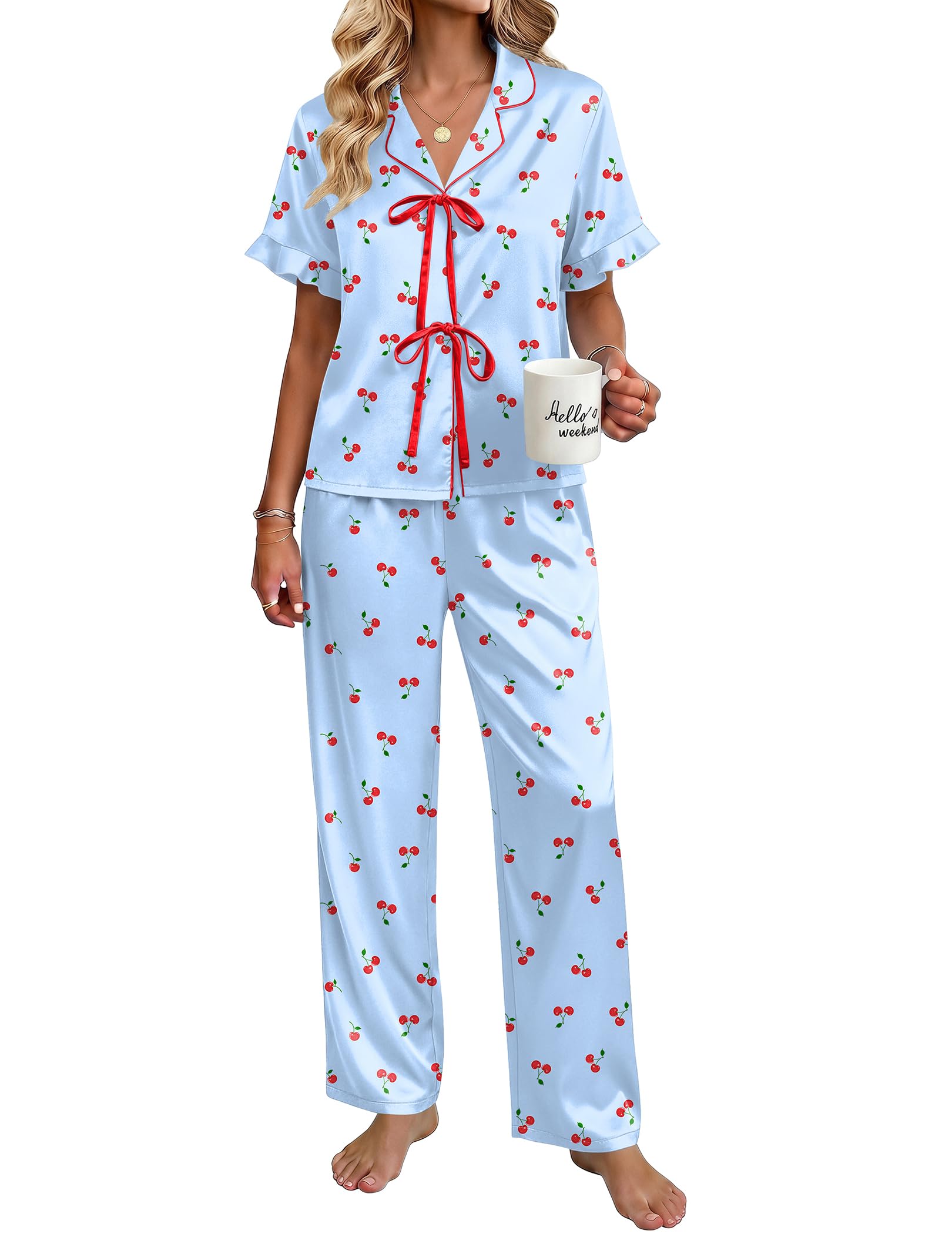 Ekouaer Womens Satin Pajama Sets Silky Tie Front Ruffle Pjs Sets Sleepwear | Soft lightweight satin fabric; tie-front top with ruffle cuffs, ideal for loungewear, bridal party and vacation wear WEBE CLOTHING