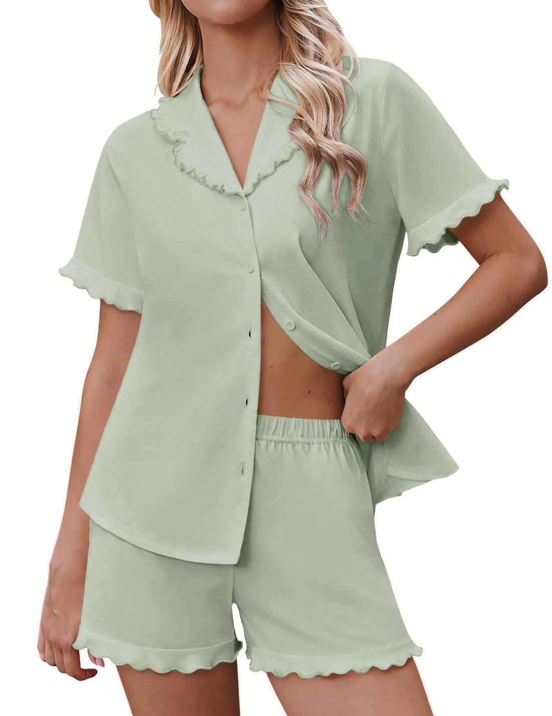Ekouaer Pajamas for Women Sets Cute Pjs Button Down 2 Piece Short Sleeve Ruffle Lounge Set Sleepwear WEBE CLOTHING
