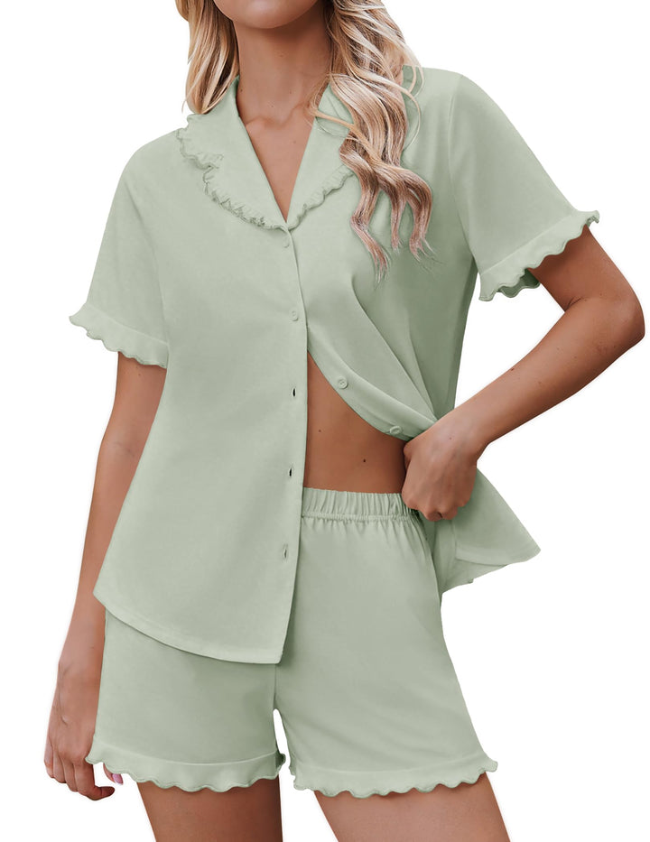 Ekouaer Pajamas for Women Sets Cute Pjs Button Down 2 Piece Short Sleeve Ruffle Lounge Set Sleepwear WEBE CLOTHING