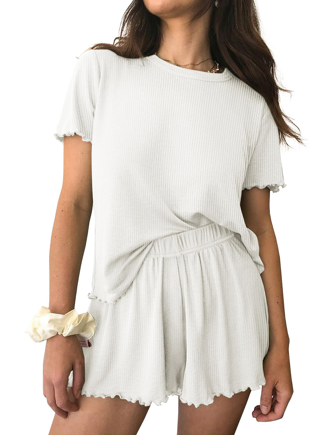 Ekouaer Womens Pajamas 2 Piece Ribbed Knit Pjs Short Sleeve Sleepwear Set Summer Soft Pajamas Set Casual Lounge Sets