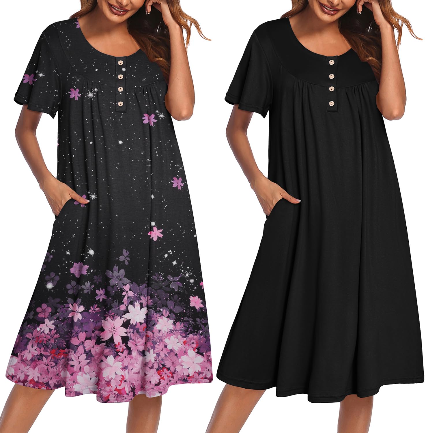 Ekouaer 2 Pack House Dresses for Women with Pockets Short Sleeve Moo Moos | Ruffle Sleeve Mumu Dress, Soft Button Front Nightgown, Two Side Pockets, Comfy Sleepwear, Perfect for Your Mom, Grandma, Gift WEBE CLOTHING