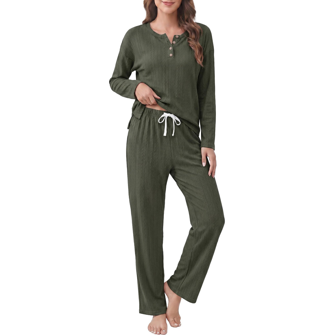 U2SKIIN Soft Pajama Set for Women Cable Knit Loungewear Henley Neck Long Sleeve Comfy Sleepwear with Pockets All Season