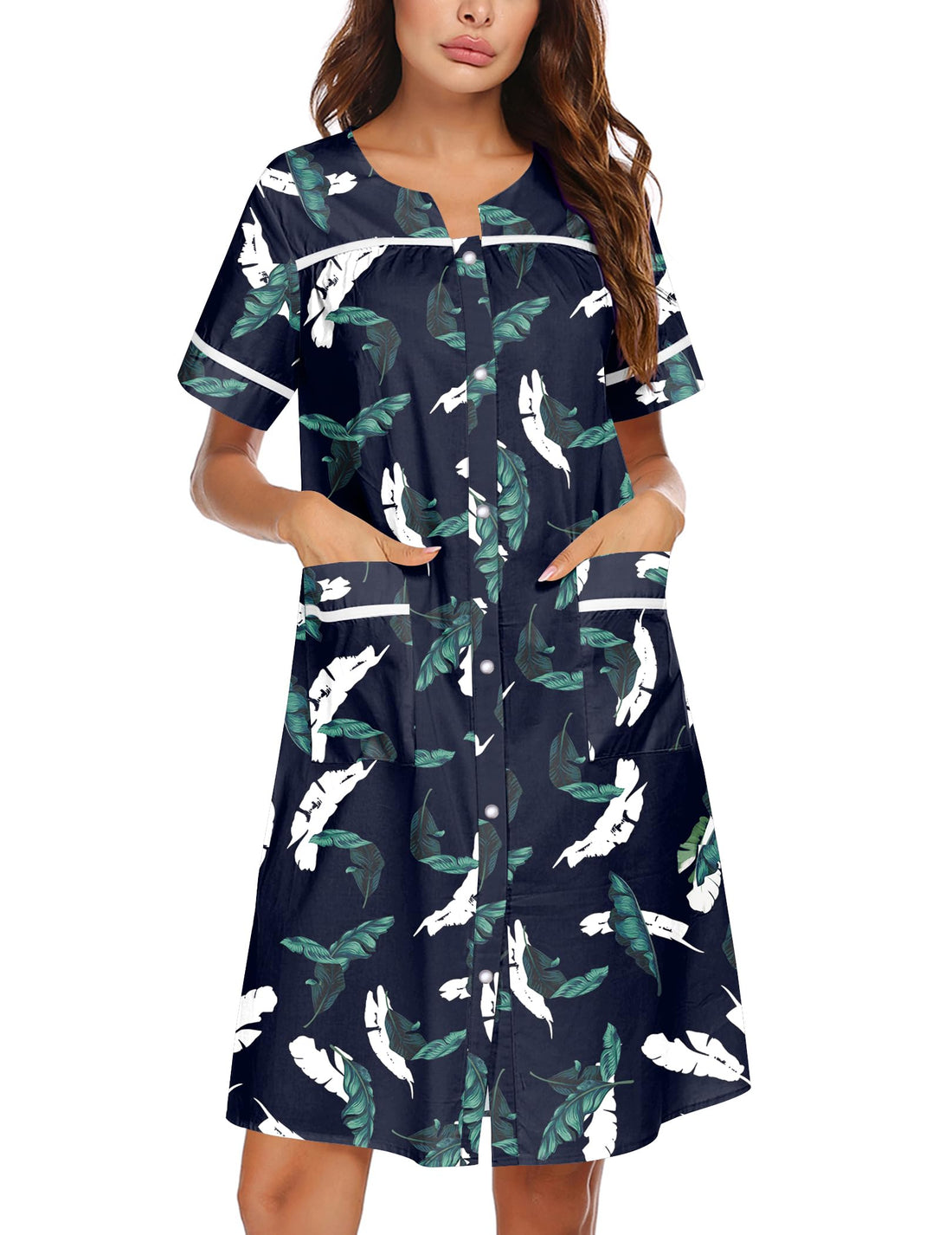 Ekouaer Nightgowns for Women House Dress with Pockets Snap Front House Coat | Duster Mumu Dress, Short Sleeve Moo Moos, Plus Size Sleepwear, Casual Lounge Dress, Labor Delivery Gown, Daily Wear, Home