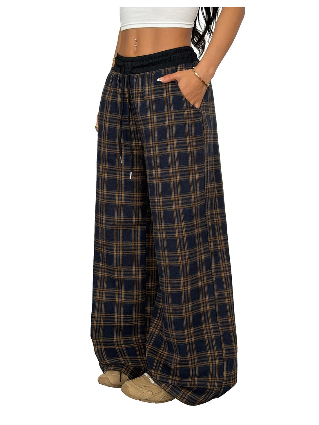 SOLY HUX Women's Plaid Checkered Pants Flannel Pajama Pants Lounge Wide Leg Baggy Sweatpants with Pockets