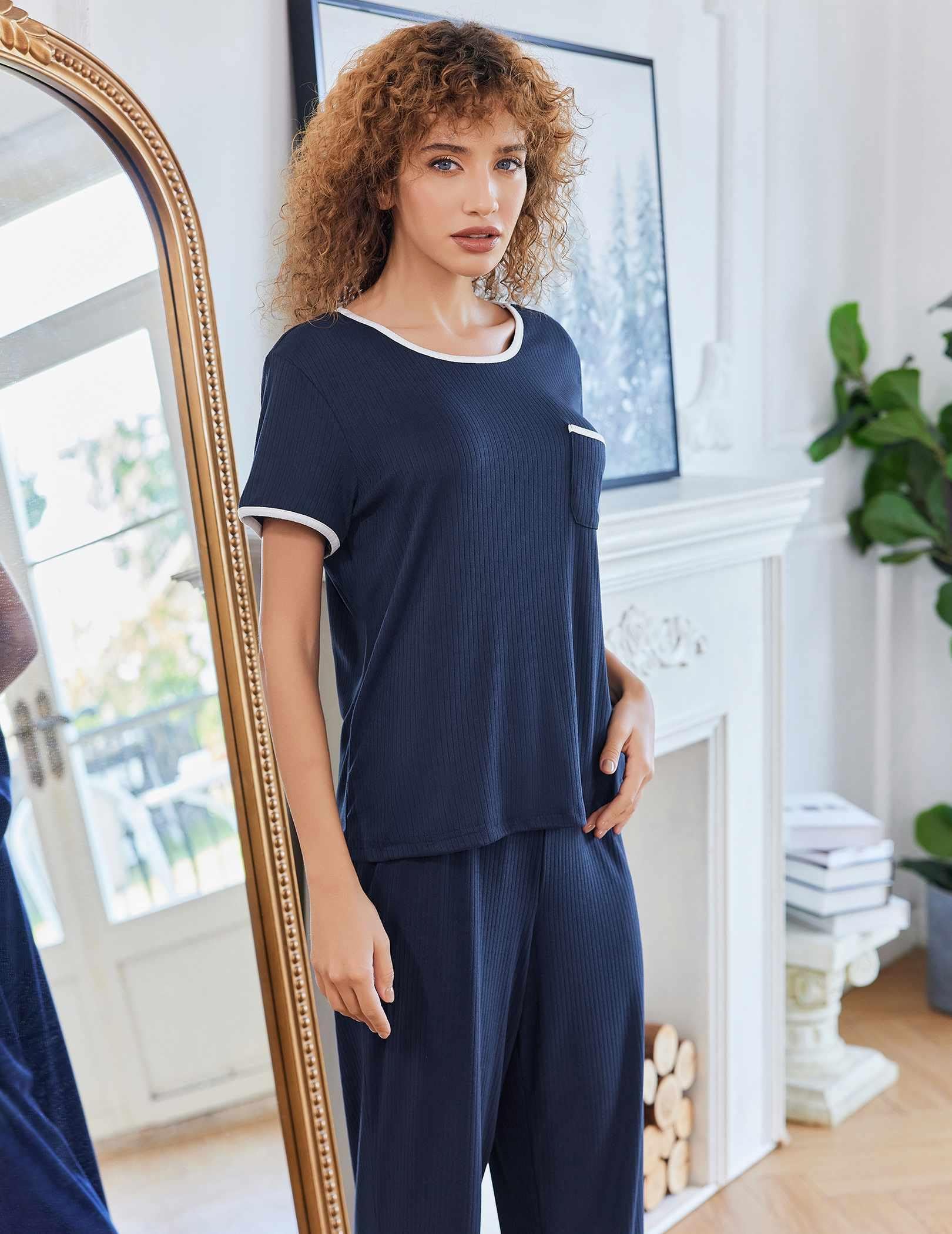 Ekouaer Women Lounge Pajamas Sets Ribbed Knit PJ Short Sleeve and Long Pajama Pant Soft 2 Piece Sleepwear Loungwear Set