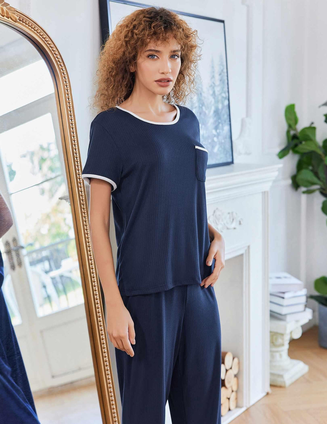Ekouaer Women Lounge Pajamas Sets Ribbed Knit PJ Short Sleeve and Long Pajama Pant Soft 2 Piece Sleepwear Loungwear Set