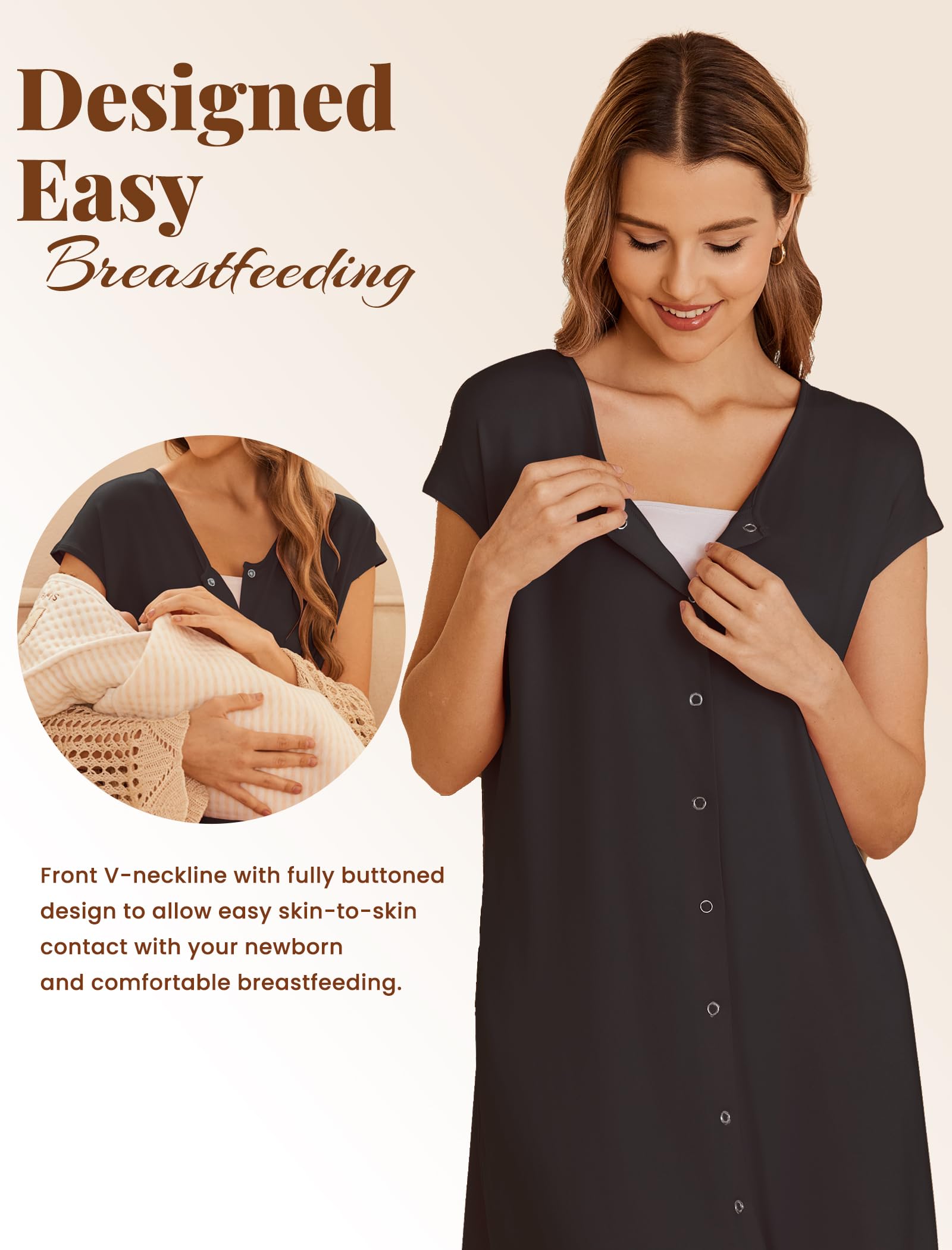 Ekouaer Labor and Delivery Gown for Hospital Birthing Gown Nursing Dress | Open Back Birthing Gown, Maternity Nursing Pajamas Dress Breastfeeding, Button C Section Postpartum Clothes