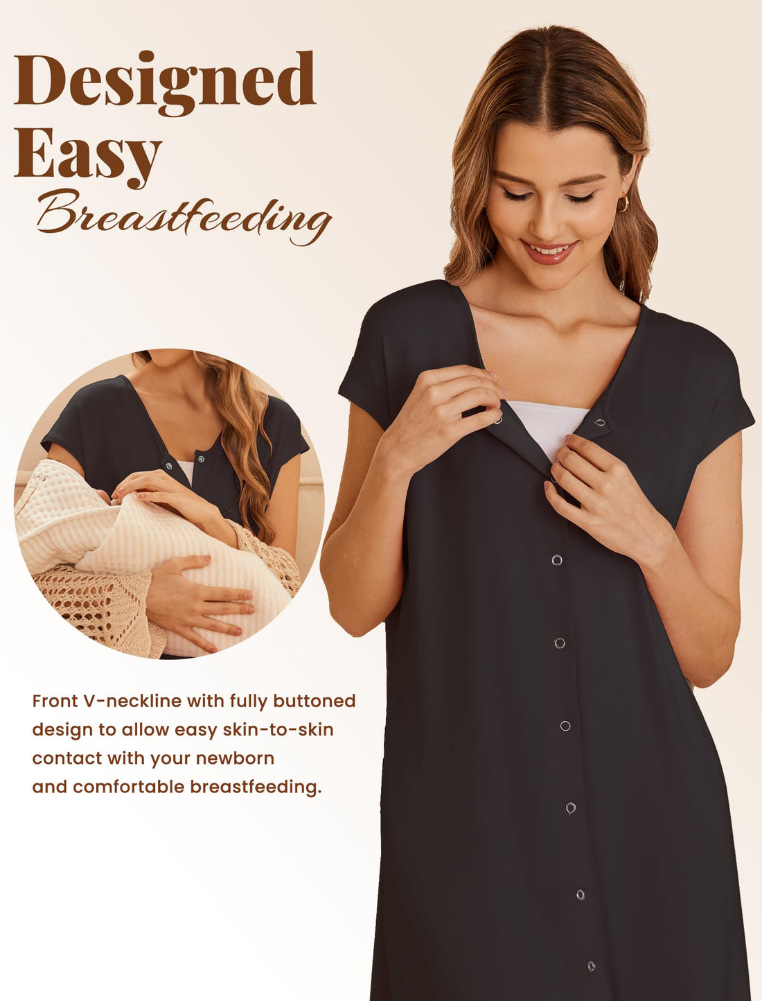 Ekouaer Labor and Delivery Gown for Hospital Birthing Gown Nursing Dress | Open Back Birthing Gown, Maternity Nursing Pajamas Dress Breastfeeding, Button C Section Postpartum Clothes