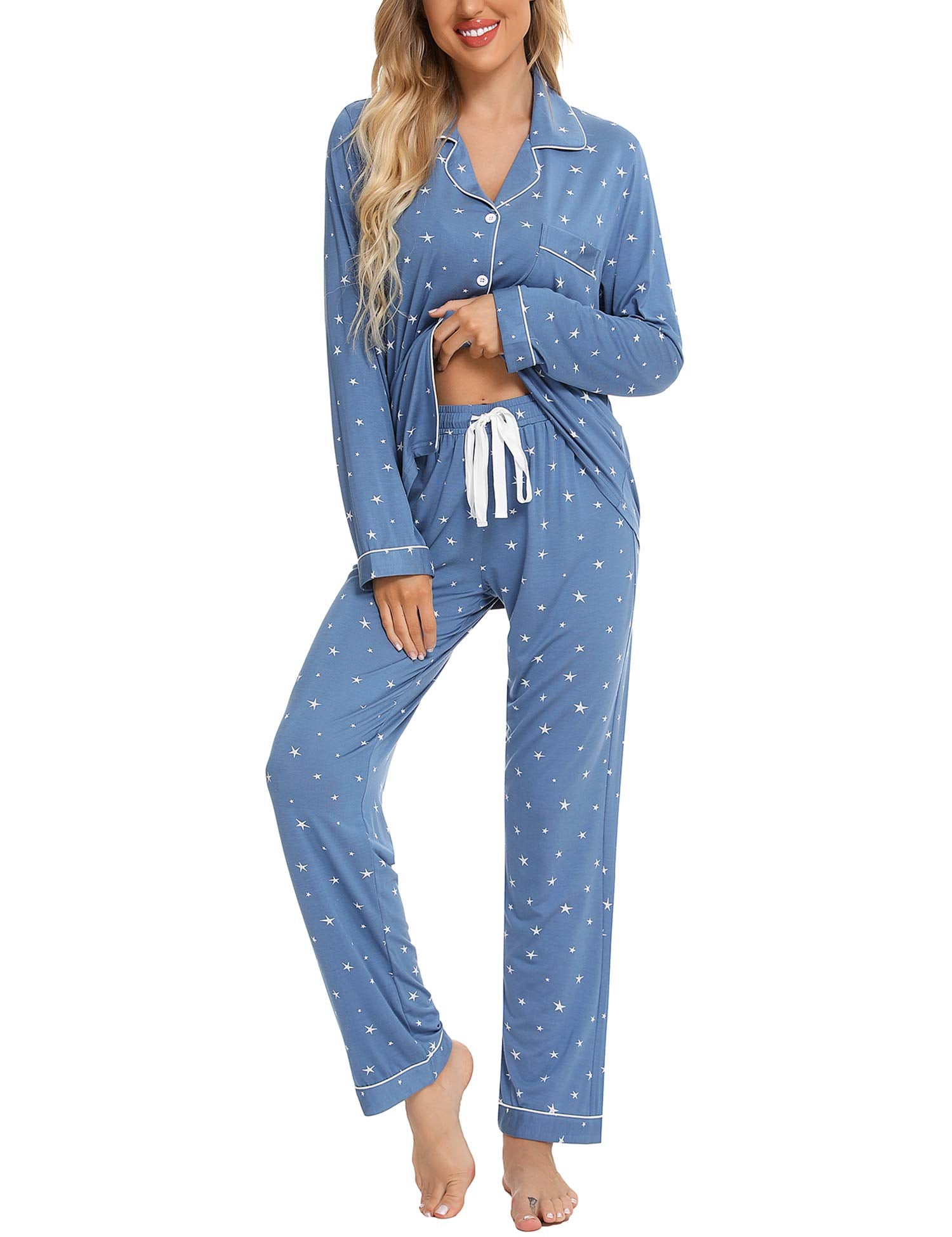 Samring Pajamas Women's Long Sleeve Sleepwear Button Down Pj Sets Soft Loungewear Pajama Set for Women S-XXL