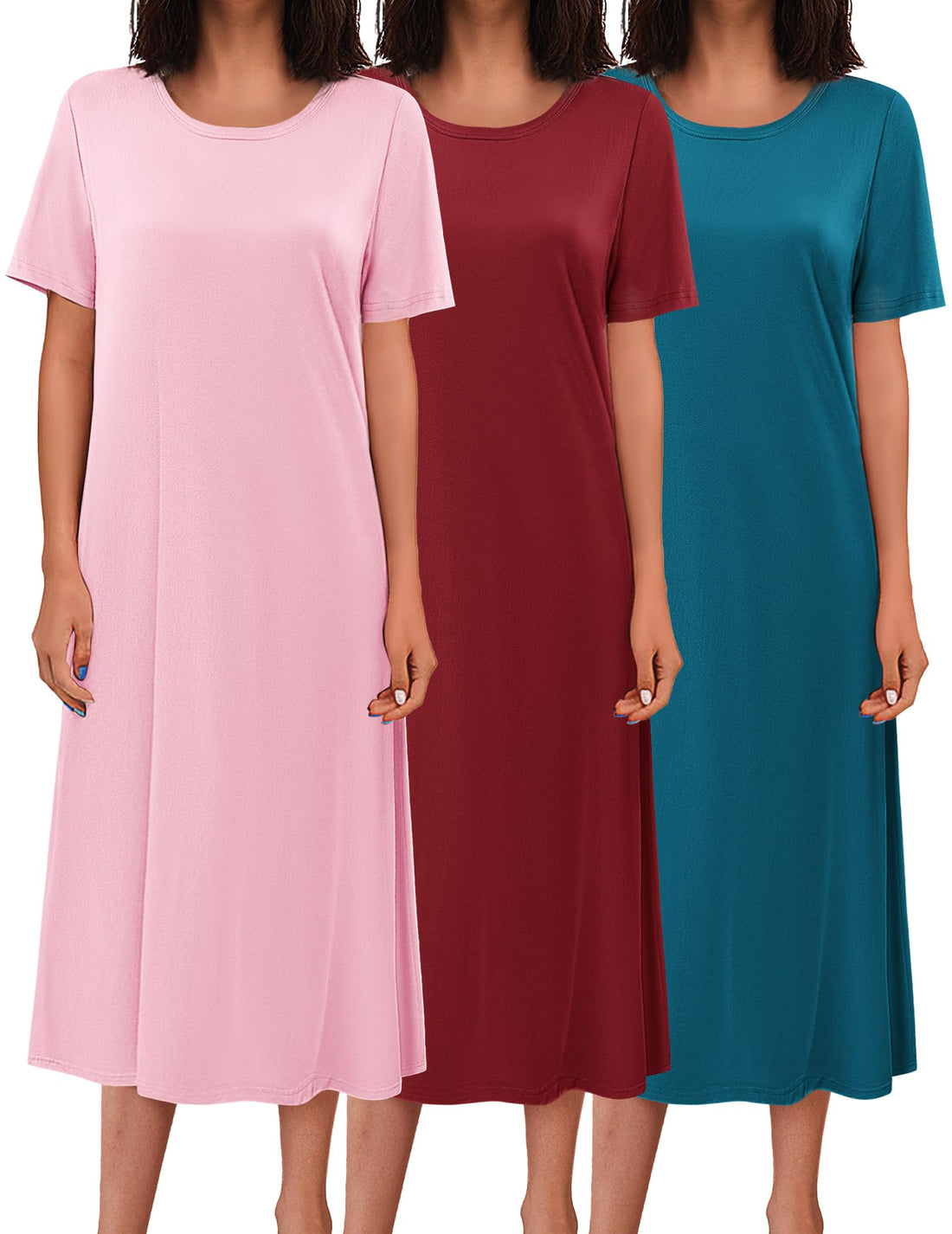 Ekouaer 3 Pack Long Nightgowns for Women Full Length Short Sleeve Nightshirt Soft Plus Size Sleepwear Casual Loungwear WEBE CLOTHING