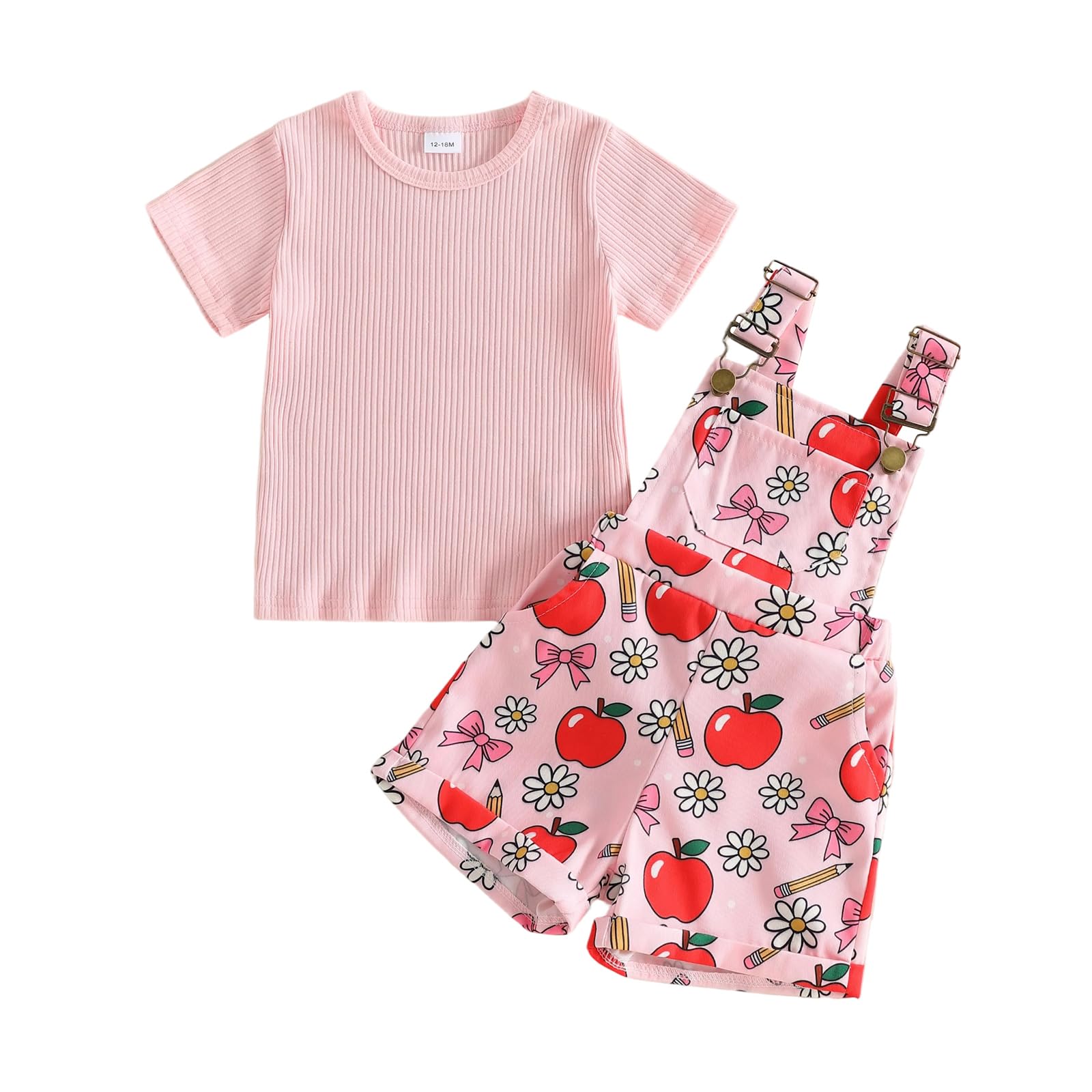 Toddler Baby Girls Summer Outfits T-Shirt Overalls Shorts Set | Short Sleeve Ribbed Shirt, Flower/Apple/Strawberry/Camo/Star/Bee Suspender Overalls, Kid 2Pcs Clothing, Spring Clothes 12M-5Y WEBE CLOTHING