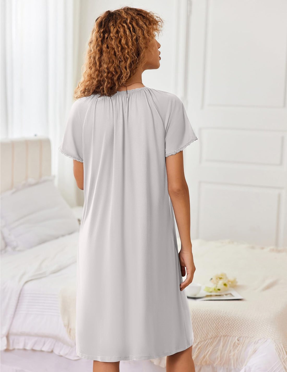 Ekouaer Zipper Robes for Women Short Sleeves Knit Bathrobes Knee Length Soft Lace Trim Loungewear with Pockets S-3XL WEBE CLOTHING