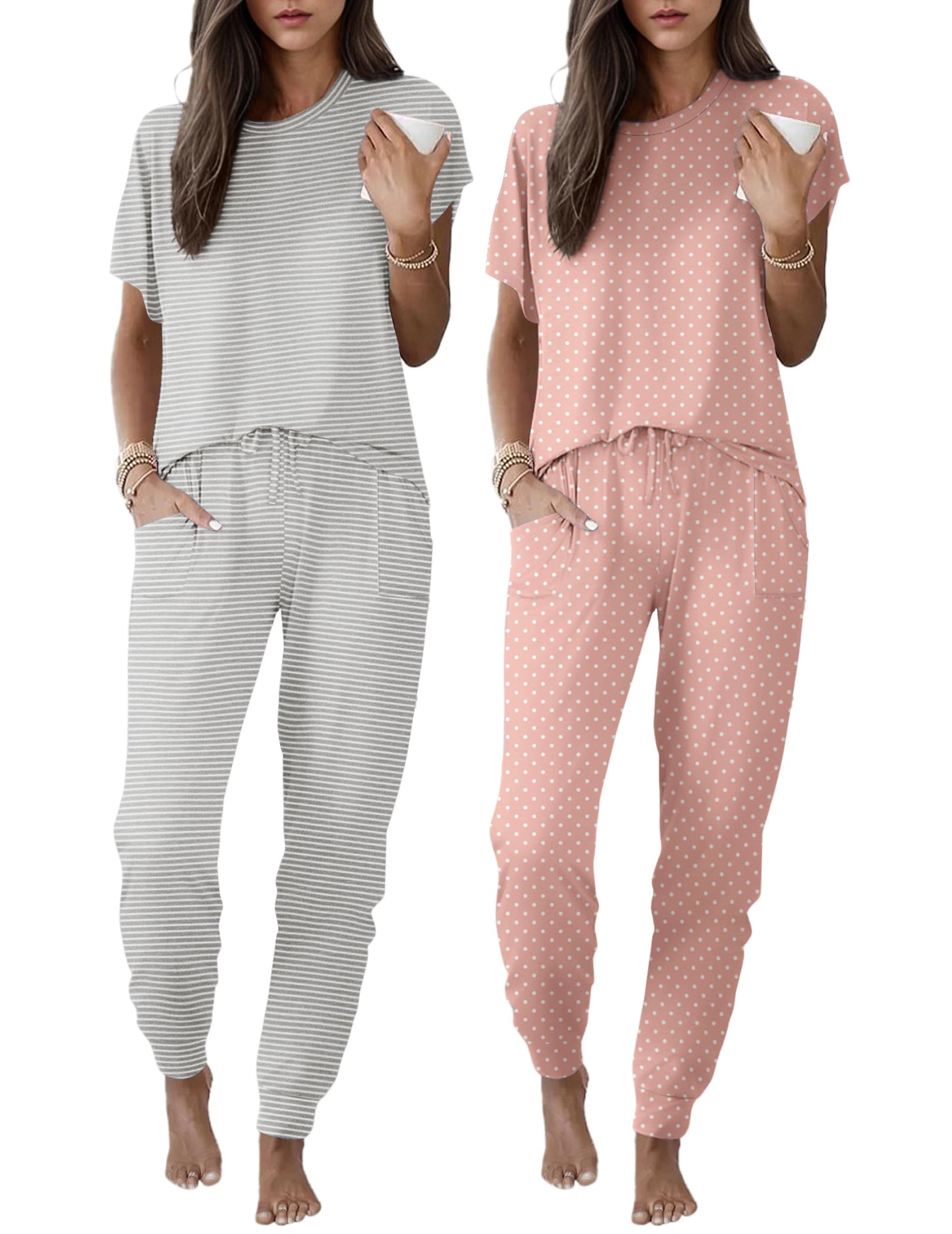 Ekouaer 2 pack Pajama Sets for Womens Jogger Pants Pjs Short Sleeves Lounge Set Soft Sleepwear with Pockets