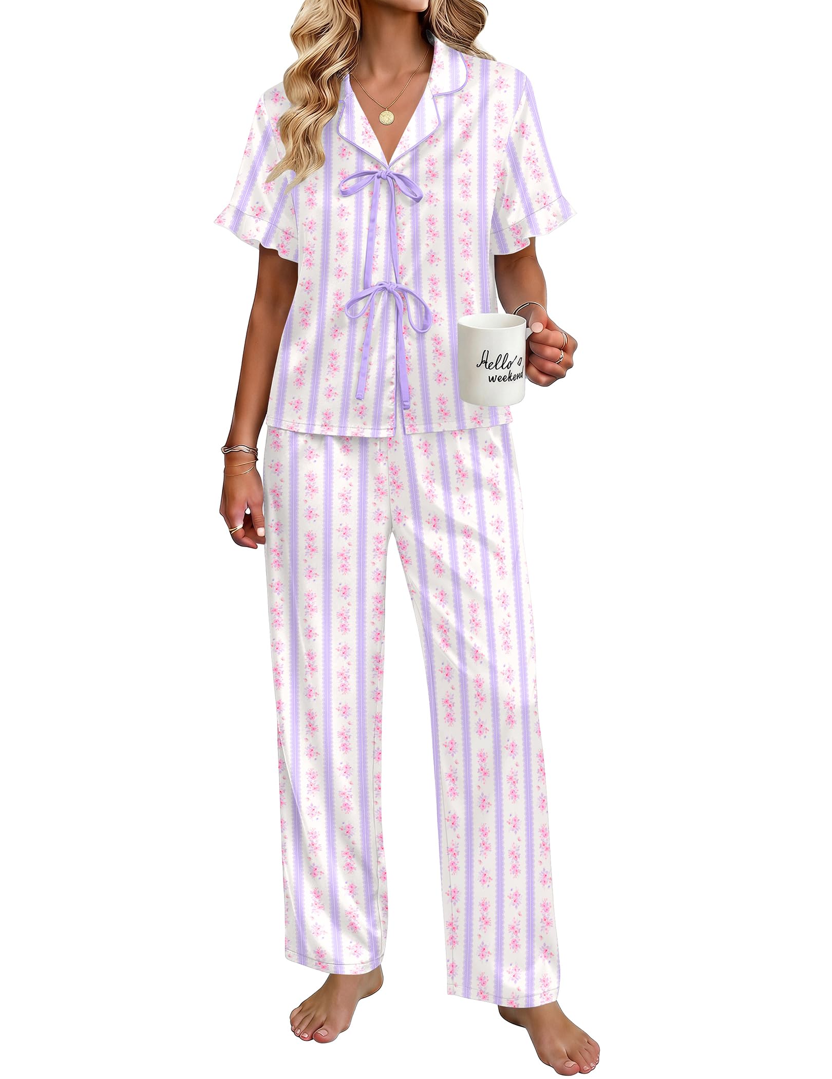 Ekouaer Womens Satin Pajama Sets Silky Tie Front Ruffle Pjs Sets Sleepwear | Soft lightweight satin fabric; tie-front top with ruffle cuffs, ideal for loungewear, bridal party and vacation wear WEBE CLOTHING